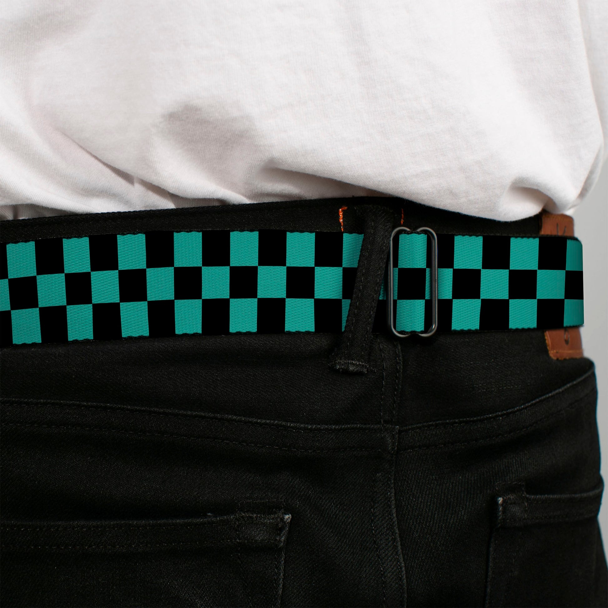 BD Wings Logo CLOSE-UP Full Color Black Silver Seatbelt Belt - Checker Black/Teal Webbing Seatbelt Belts Buckle-Down