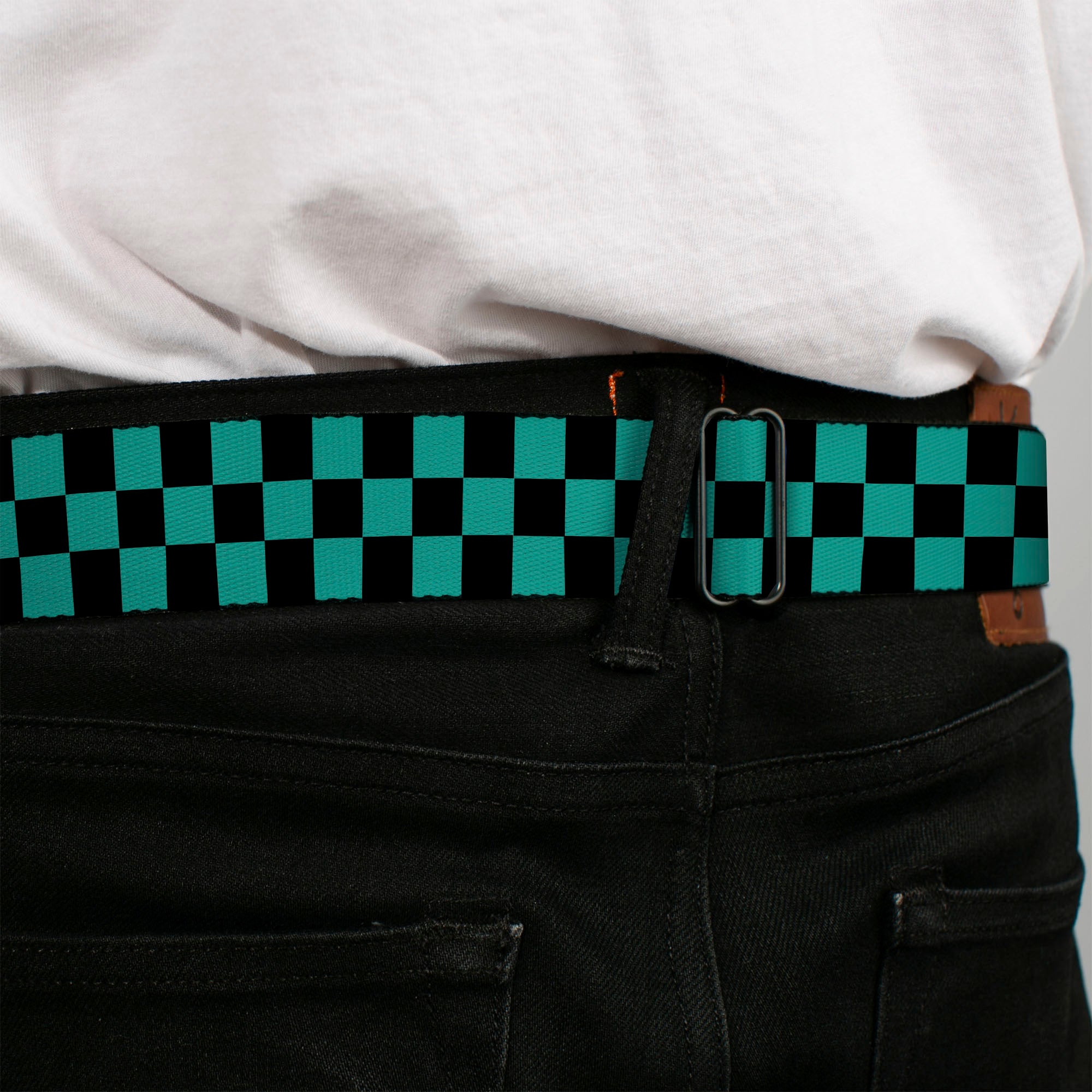 BD Wings Logo CLOSE-UP Full Color Black Silver Seatbelt Belt - Checker Black/Teal Webbing Seatbelt Belts Buckle-Down