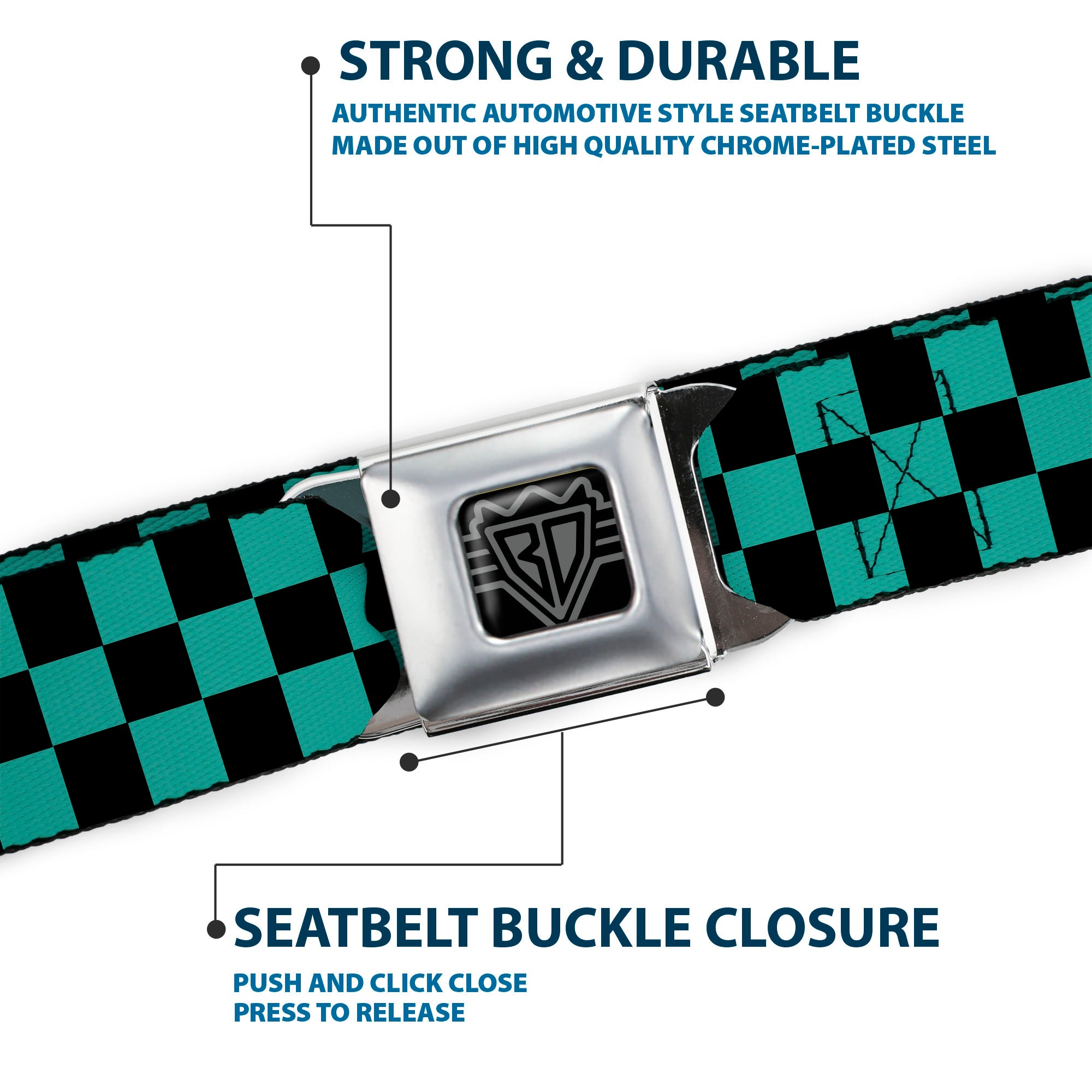 BD Wings Logo CLOSE-UP Full Color Black Silver Seatbelt Belt - Checker Black/Teal Webbing Seatbelt Belts Buckle-Down