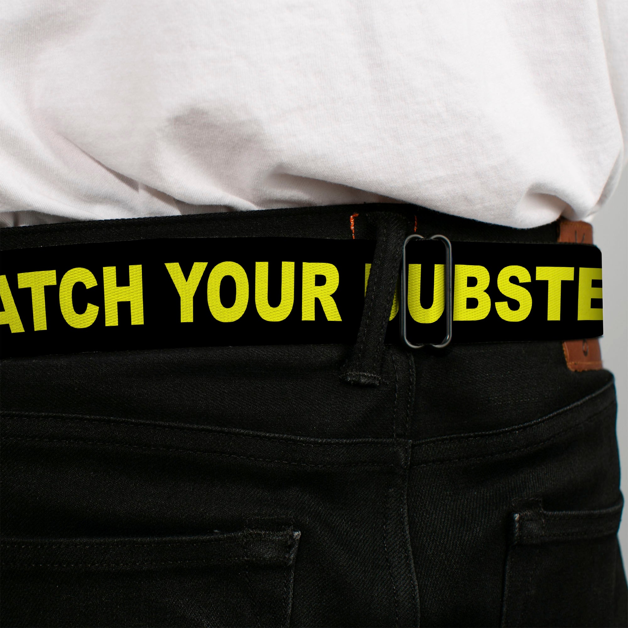 BD Wings Logo CLOSE-UP Full Color Black Silver Seatbelt Belt - CAUTION WATCH YOUR DUBSTEP Black/Yellow Webbing Seatbelt Belts Buckle-Down