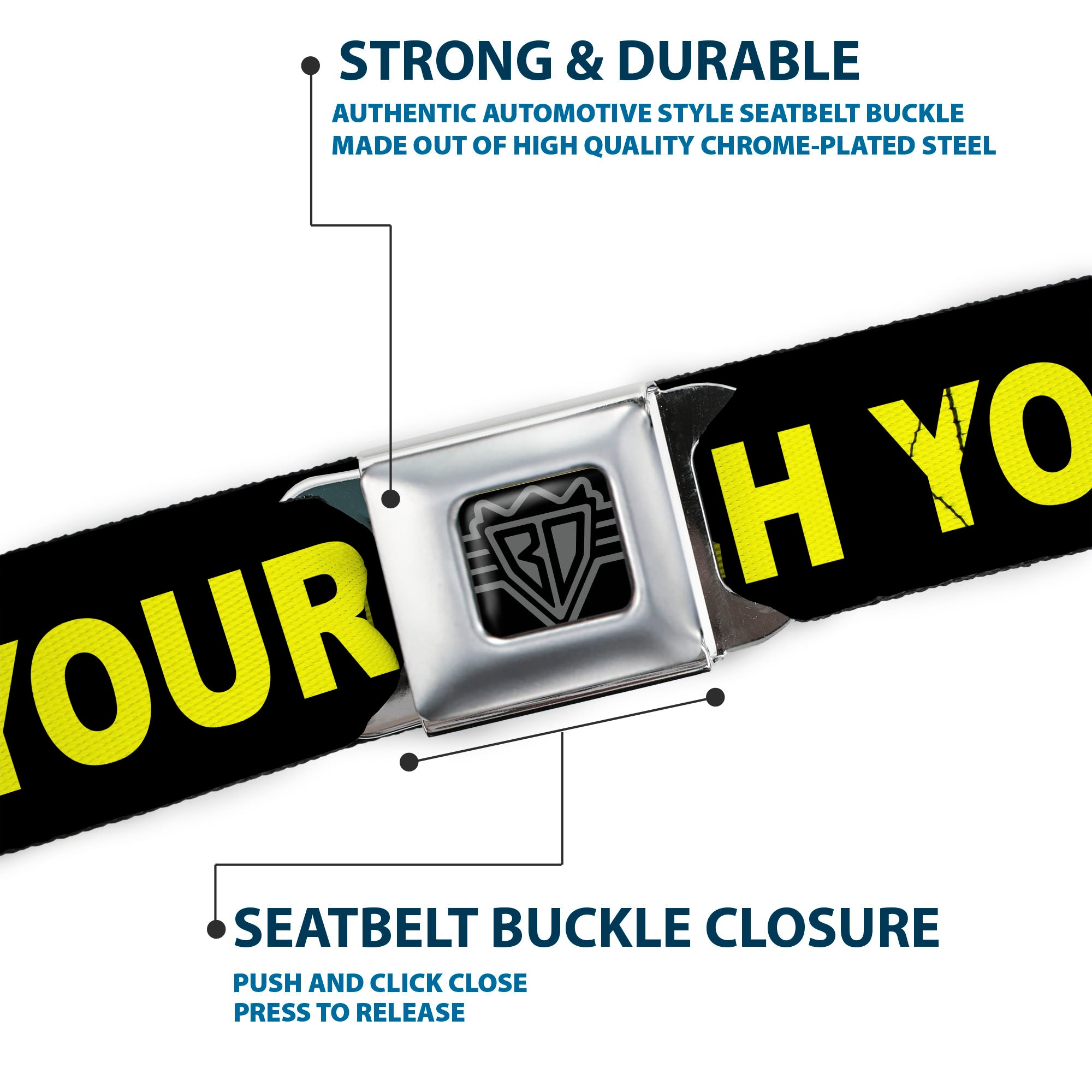 BD Wings Logo CLOSE-UP Full Color Black Silver Seatbelt Belt - CAUTION WATCH YOUR DUBSTEP Black/Yellow Webbing Seatbelt Belts Buckle-Down