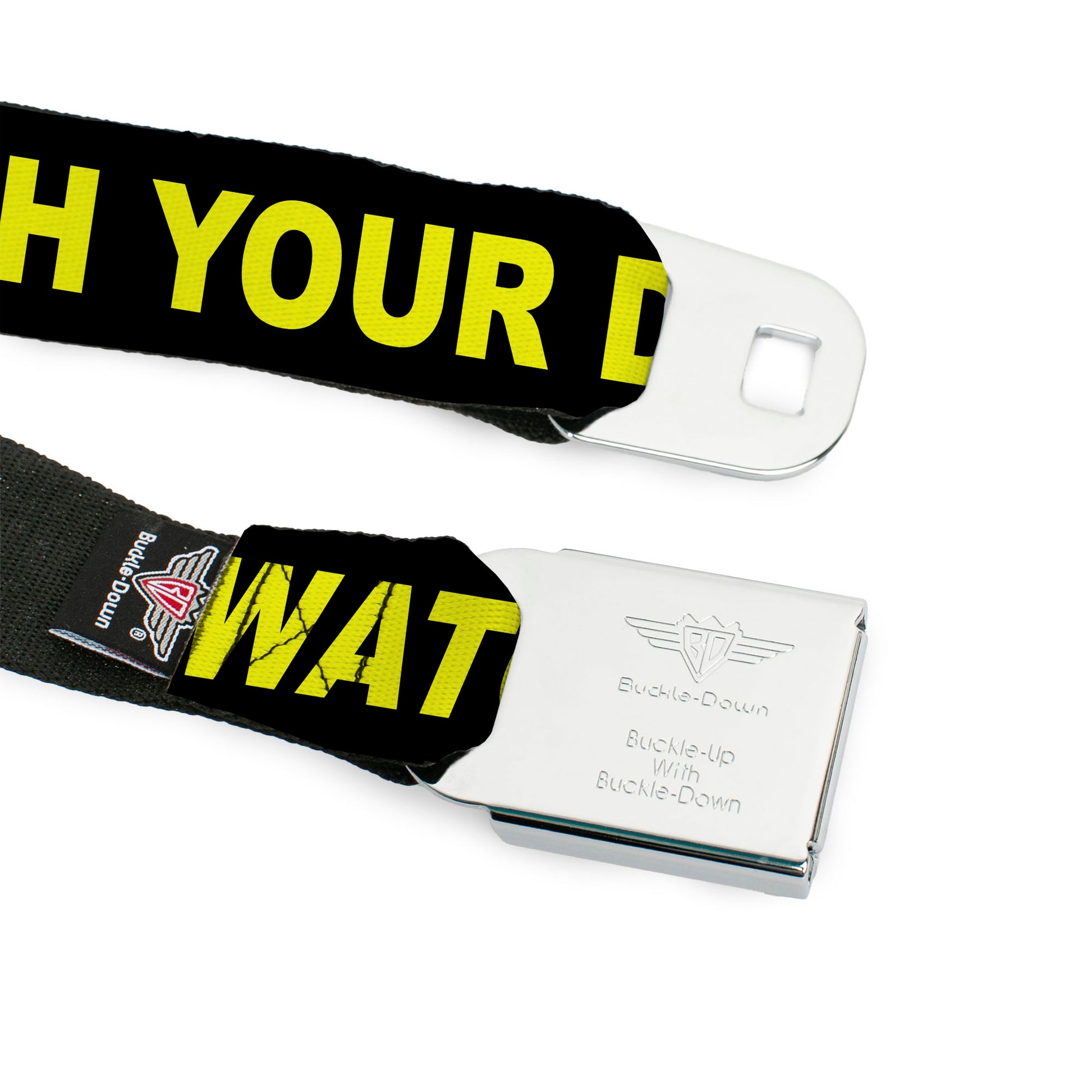 BD Wings Logo CLOSE-UP Full Color Black Silver Seatbelt Belt - CAUTION WATCH YOUR DUBSTEP Black/Yellow Webbing Seatbelt Belts Buckle-Down