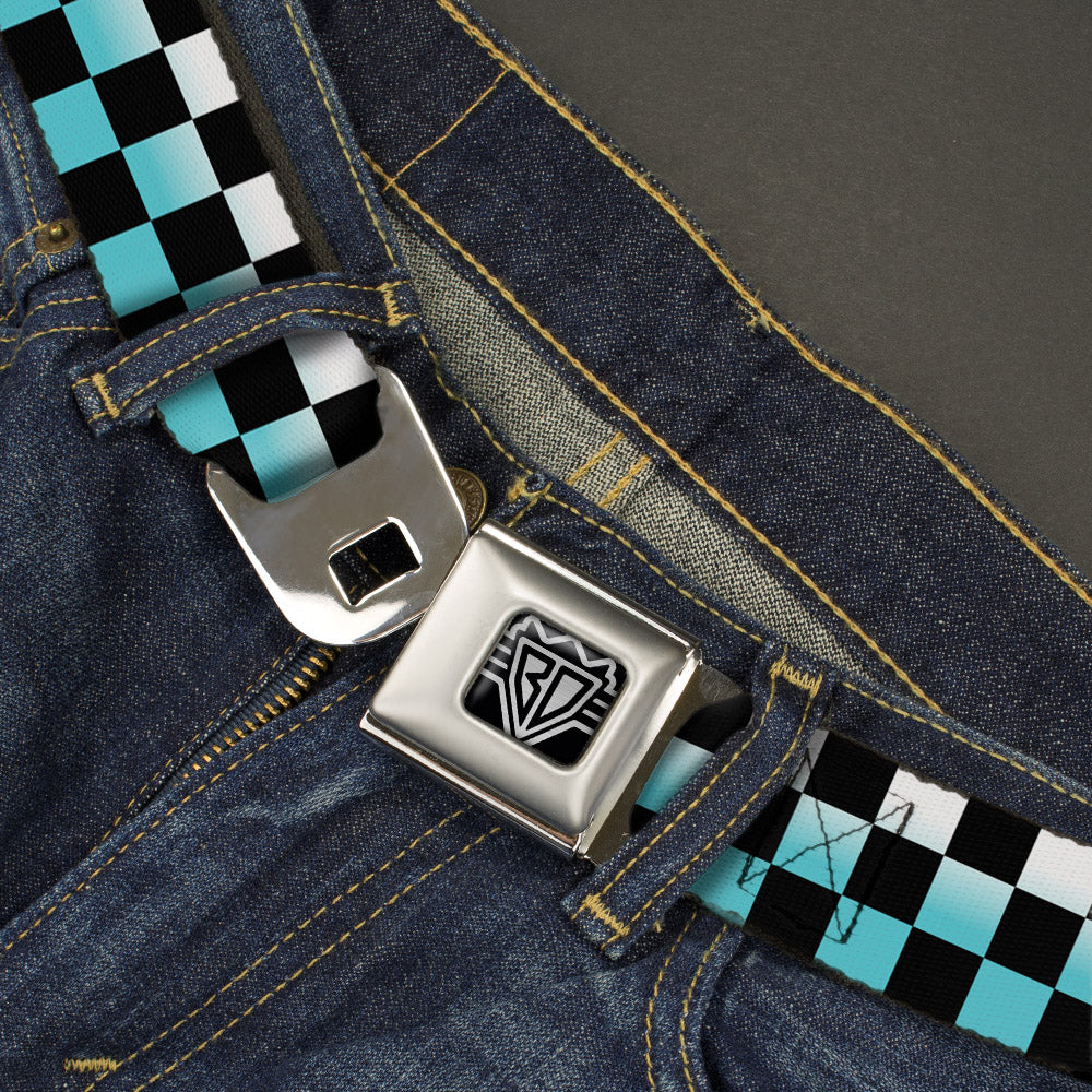 BD Wings Logo CLOSE-UP Full Color Black Silver Seatbelt Belt - Checker Black/Ombre Turquoise Webbing Seatbelt Belts Buckle-Down