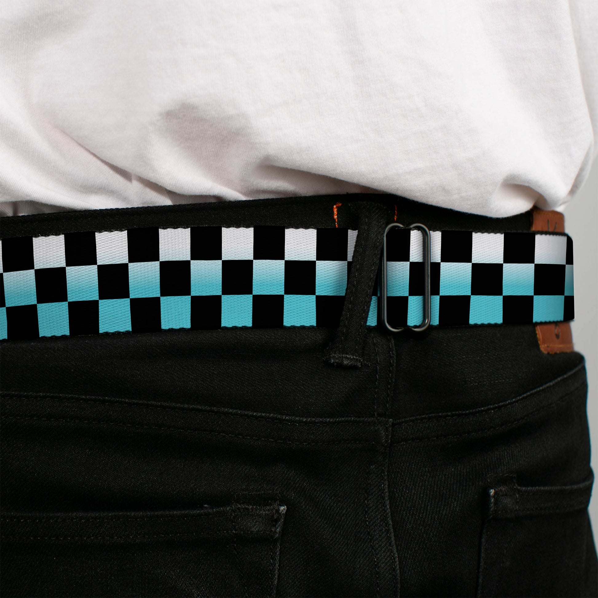 BD Wings Logo CLOSE-UP Full Color Black Silver Seatbelt Belt - Checker Black/Ombre Turquoise Webbing Seatbelt Belts Buckle-Down
