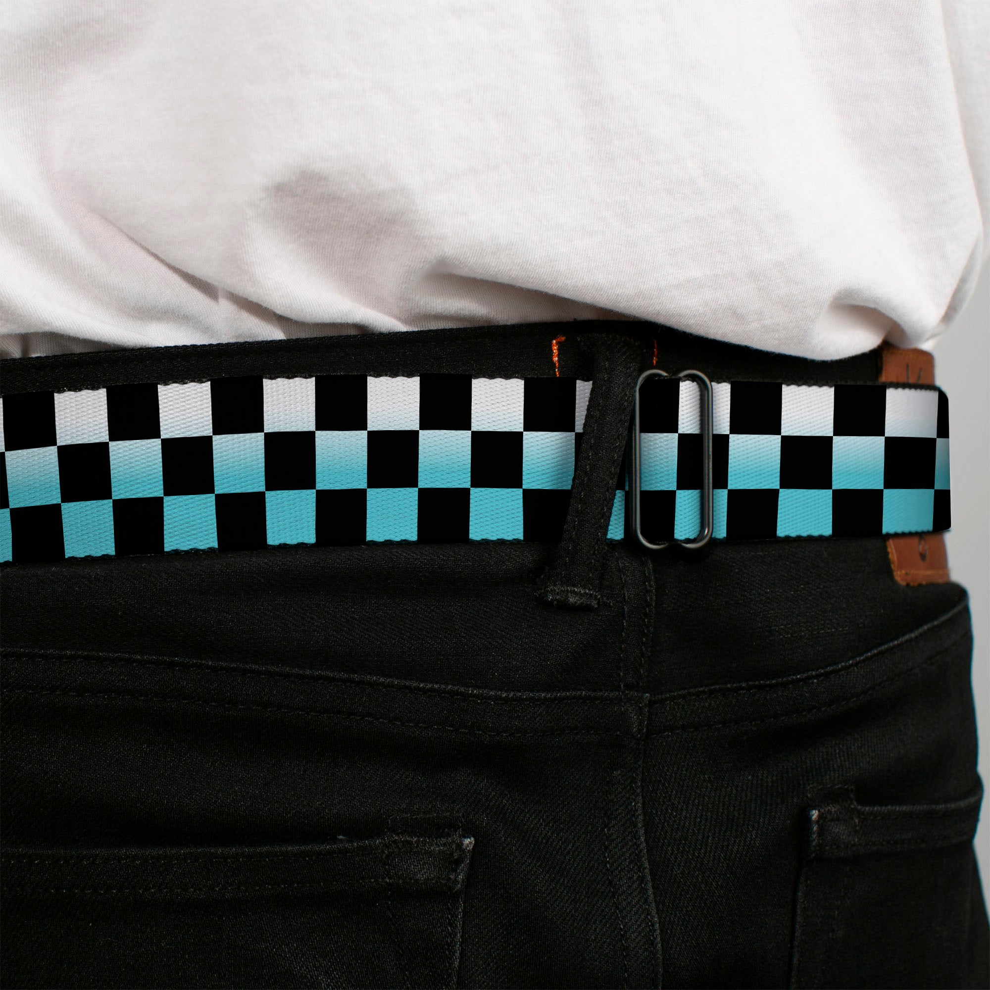 BD Wings Logo CLOSE-UP Full Color Black Silver Seatbelt Belt - Checker Black/Ombre Turquoise Webbing Seatbelt Belts Buckle-Down