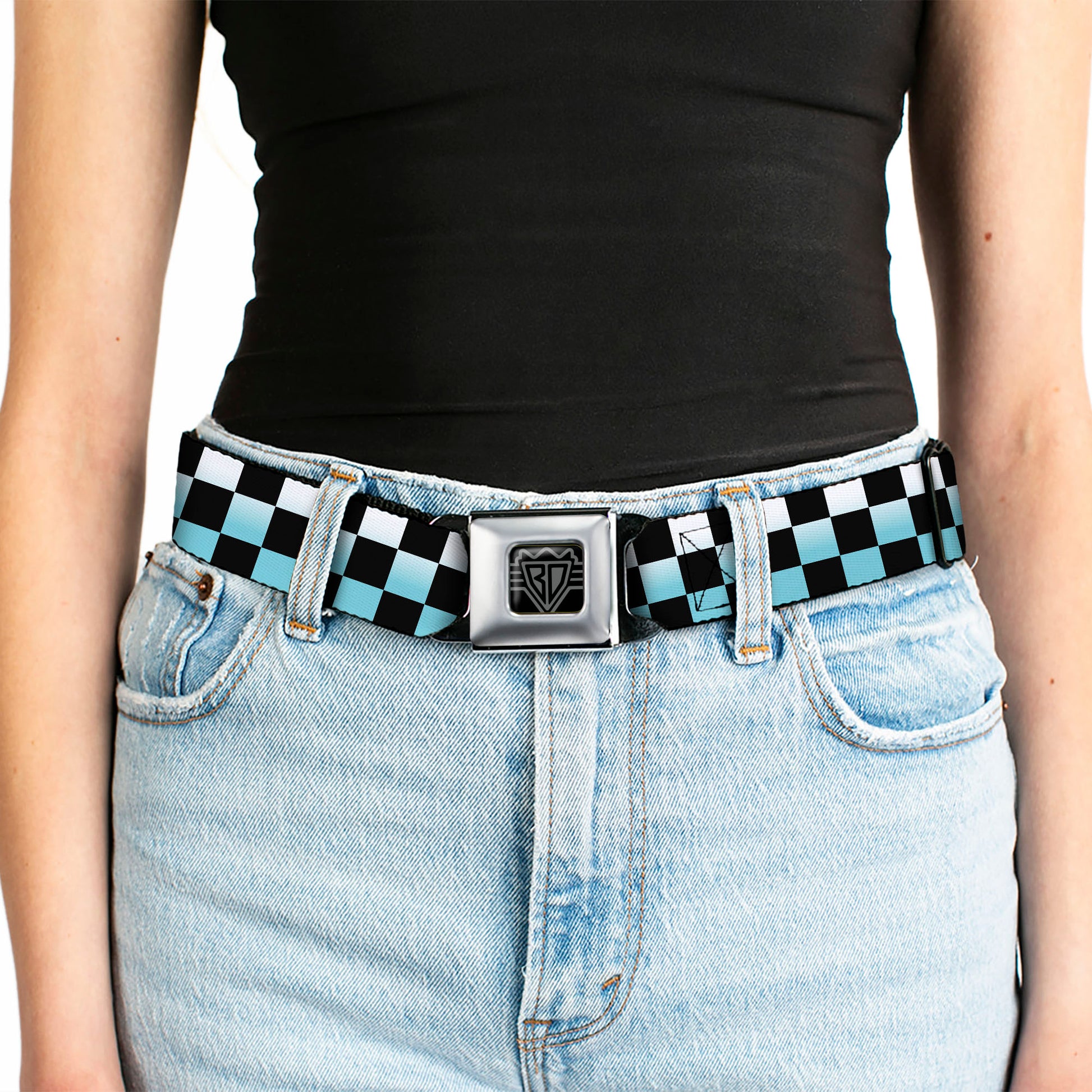 BD Wings Logo CLOSE-UP Full Color Black Silver Seatbelt Belt - Checker Black/Ombre Turquoise Webbing Seatbelt Belts Buckle-Down