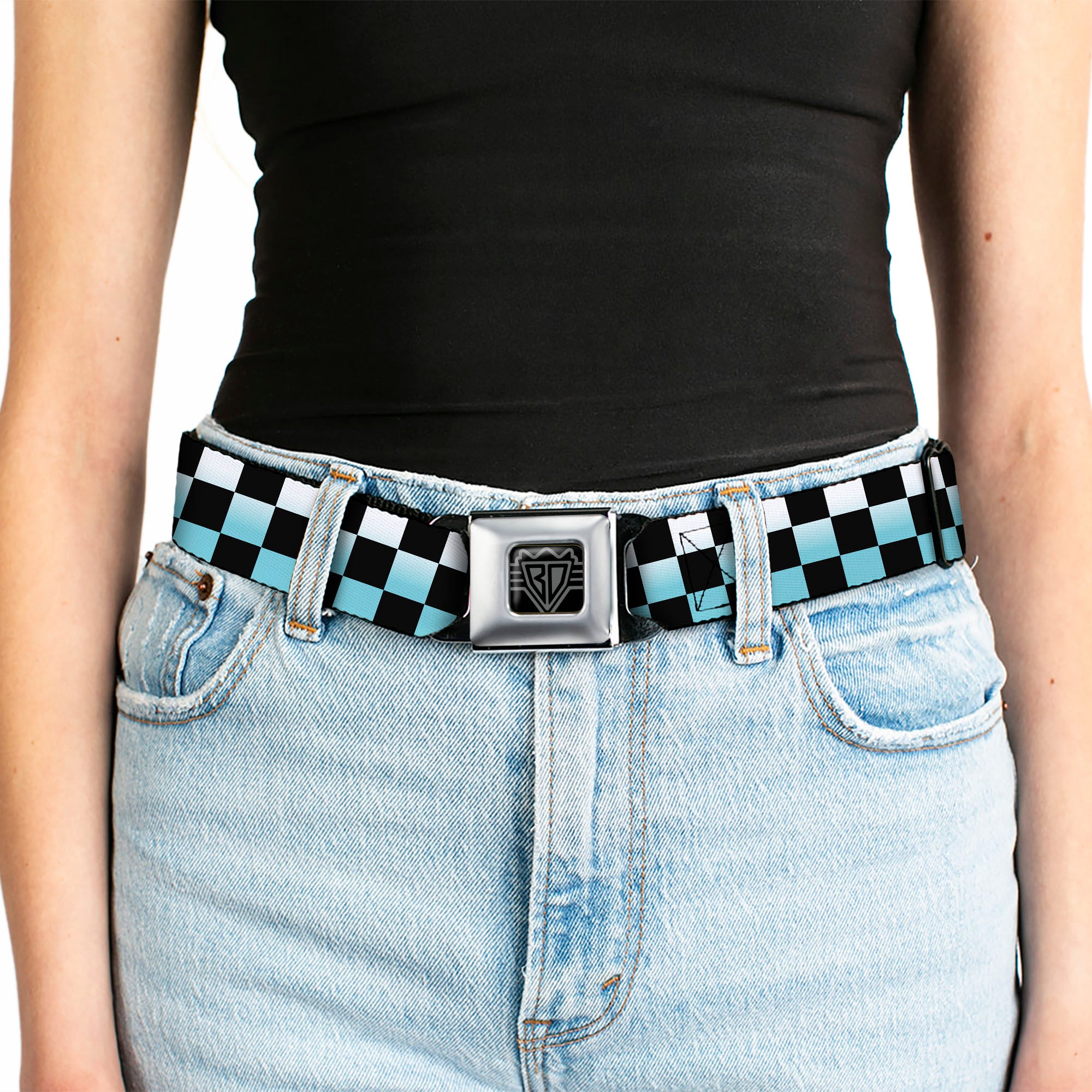 BD Wings Logo CLOSE-UP Full Color Black Silver Seatbelt Belt - Checker Black/Ombre Turquoise Webbing Seatbelt Belts Buckle-Down
