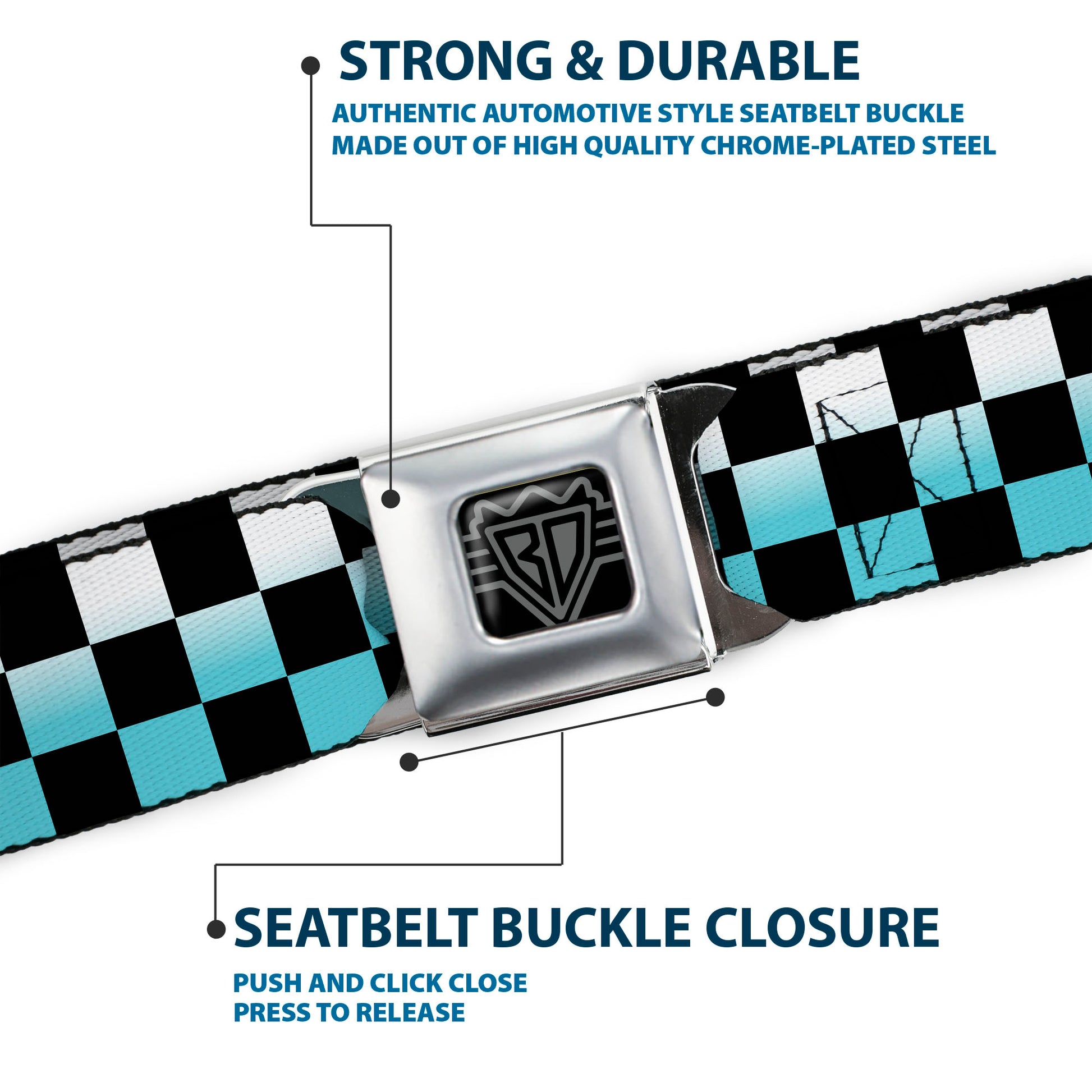 BD Wings Logo CLOSE-UP Full Color Black Silver Seatbelt Belt - Checker Black/Ombre Turquoise Webbing Seatbelt Belts Buckle-Down