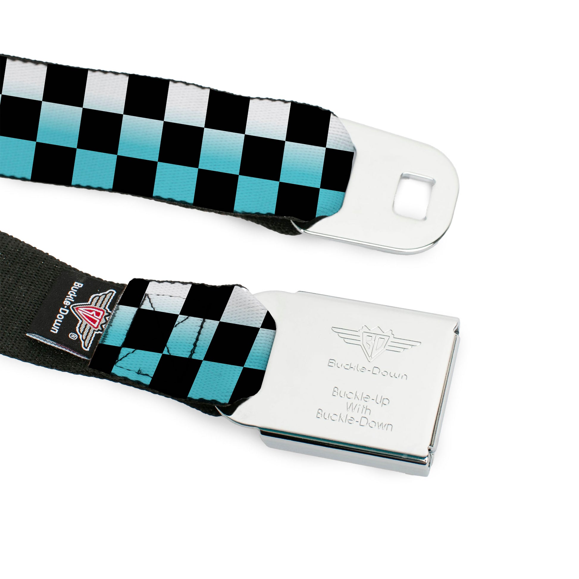 BD Wings Logo CLOSE-UP Full Color Black Silver Seatbelt Belt - Checker Black/Ombre Turquoise Webbing Seatbelt Belts Buckle-Down