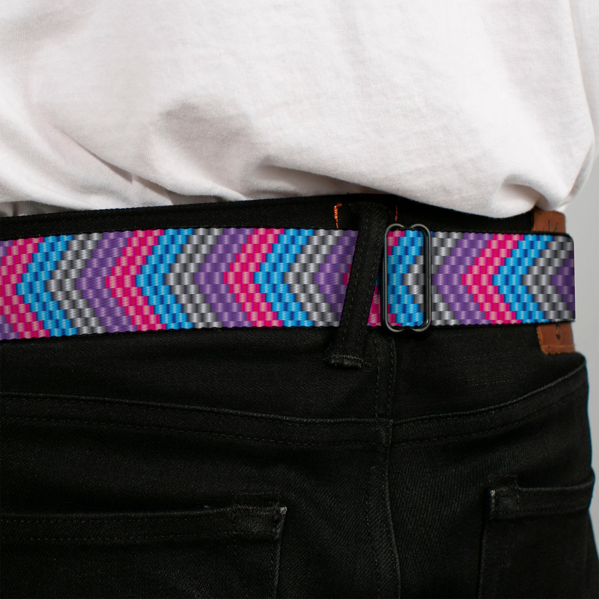 BD Wings Logo CLOSE-UP Full Color Black Silver Seatbelt Belt - Chevron Weave Gray/Lavender/Pink/Baby Blue Webbing Seatbelt Belts Buckle-Down