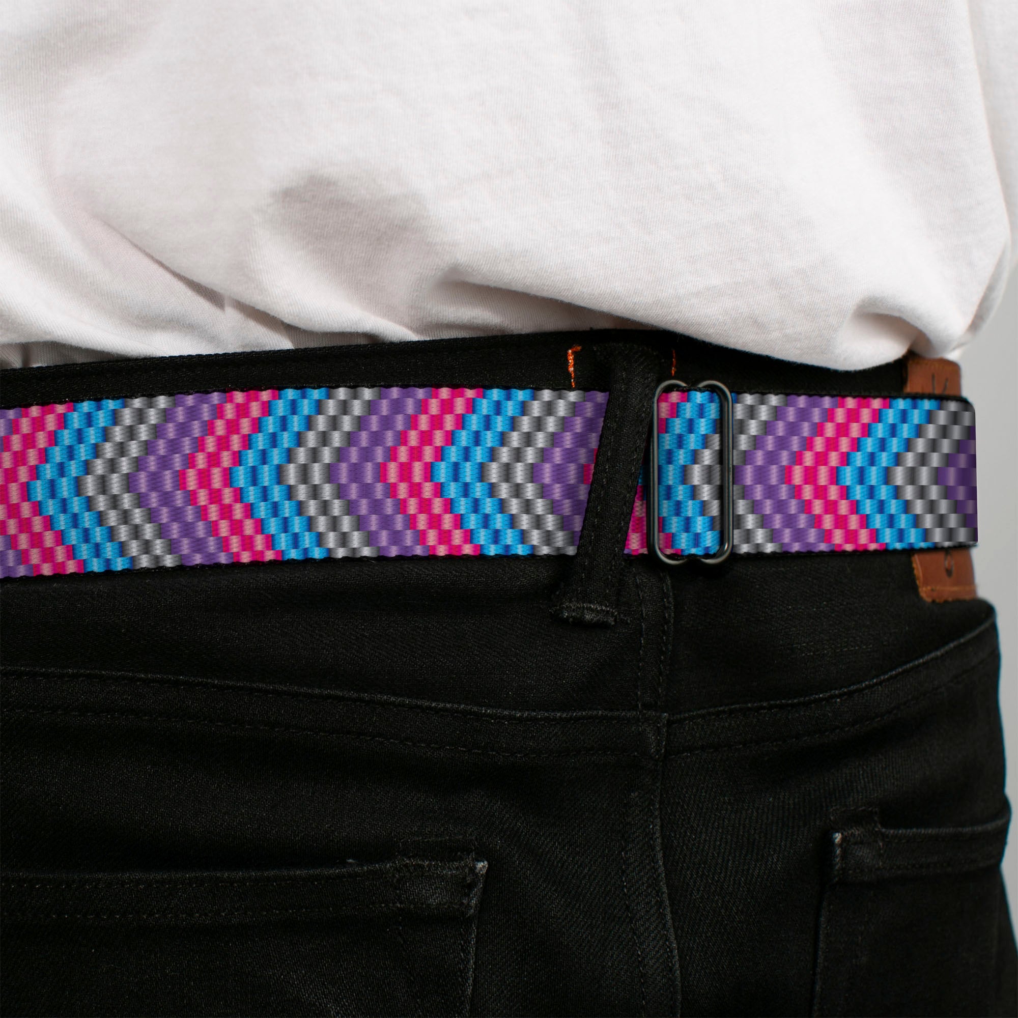 BD Wings Logo CLOSE-UP Full Color Black Silver Seatbelt Belt - Chevron Weave Gray/Lavender/Pink/Baby Blue Webbing Seatbelt Belts Buckle-Down