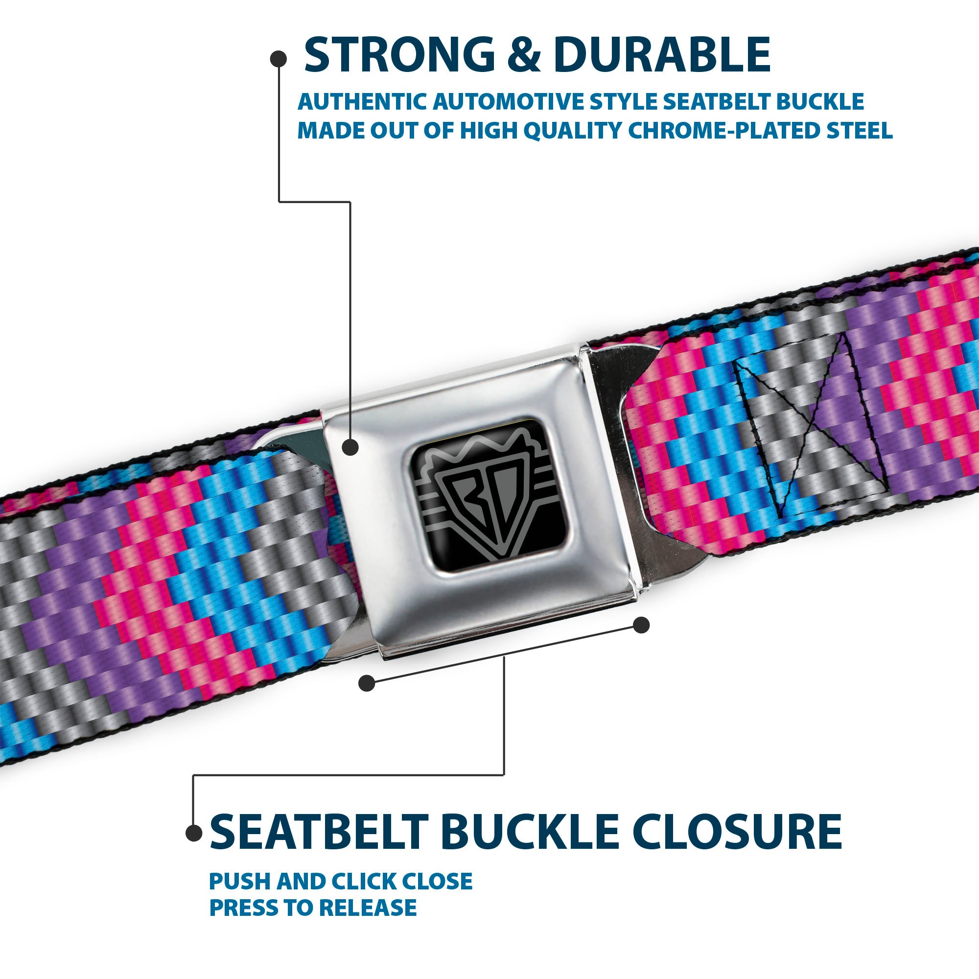 BD Wings Logo CLOSE-UP Full Color Black Silver Seatbelt Belt - Chevron Weave Gray/Lavender/Pink/Baby Blue Webbing Seatbelt Belts Buckle-Down