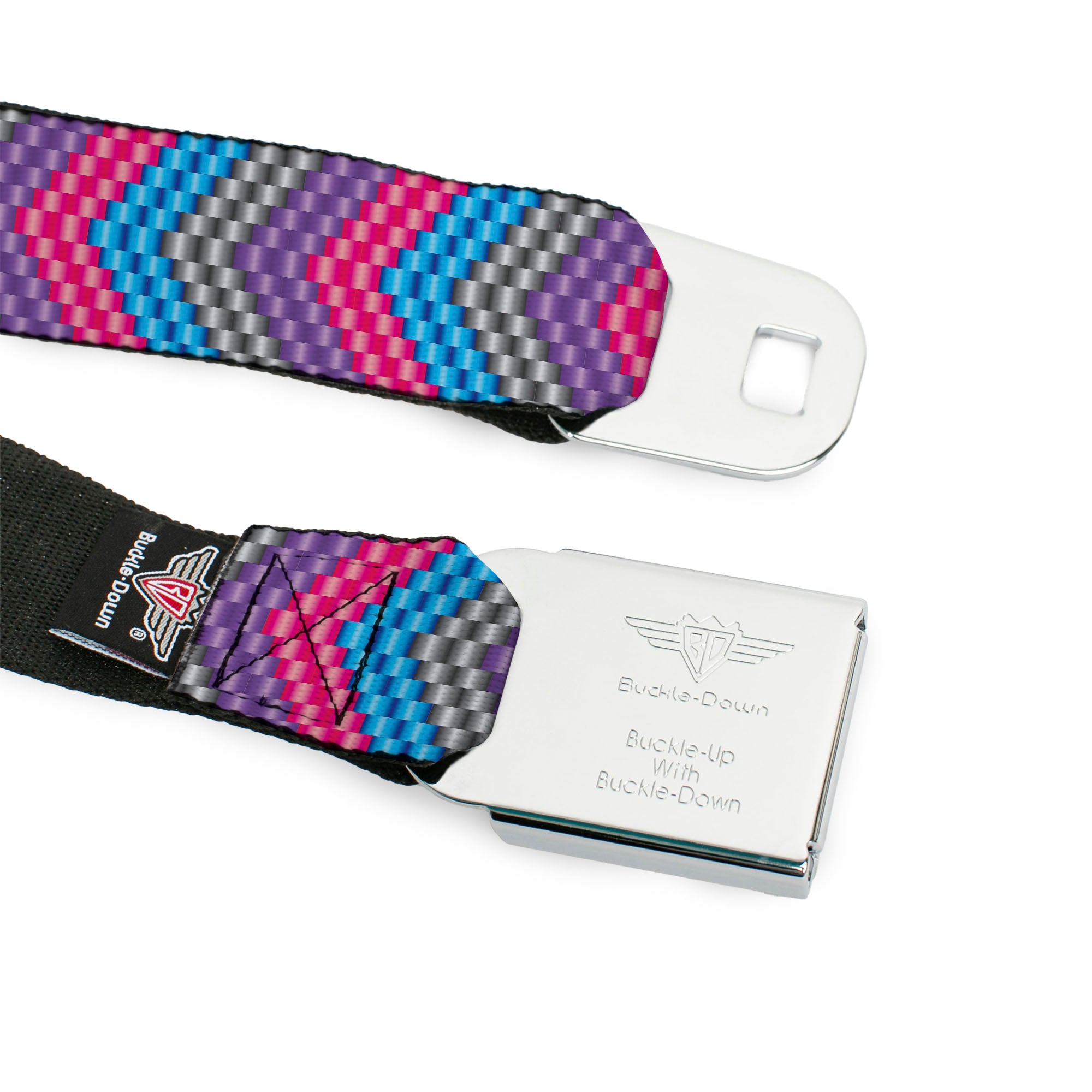 BD Wings Logo CLOSE-UP Full Color Black Silver Seatbelt Belt - Chevron Weave Gray/Lavender/Pink/Baby Blue Webbing Seatbelt Belts Buckle-Down