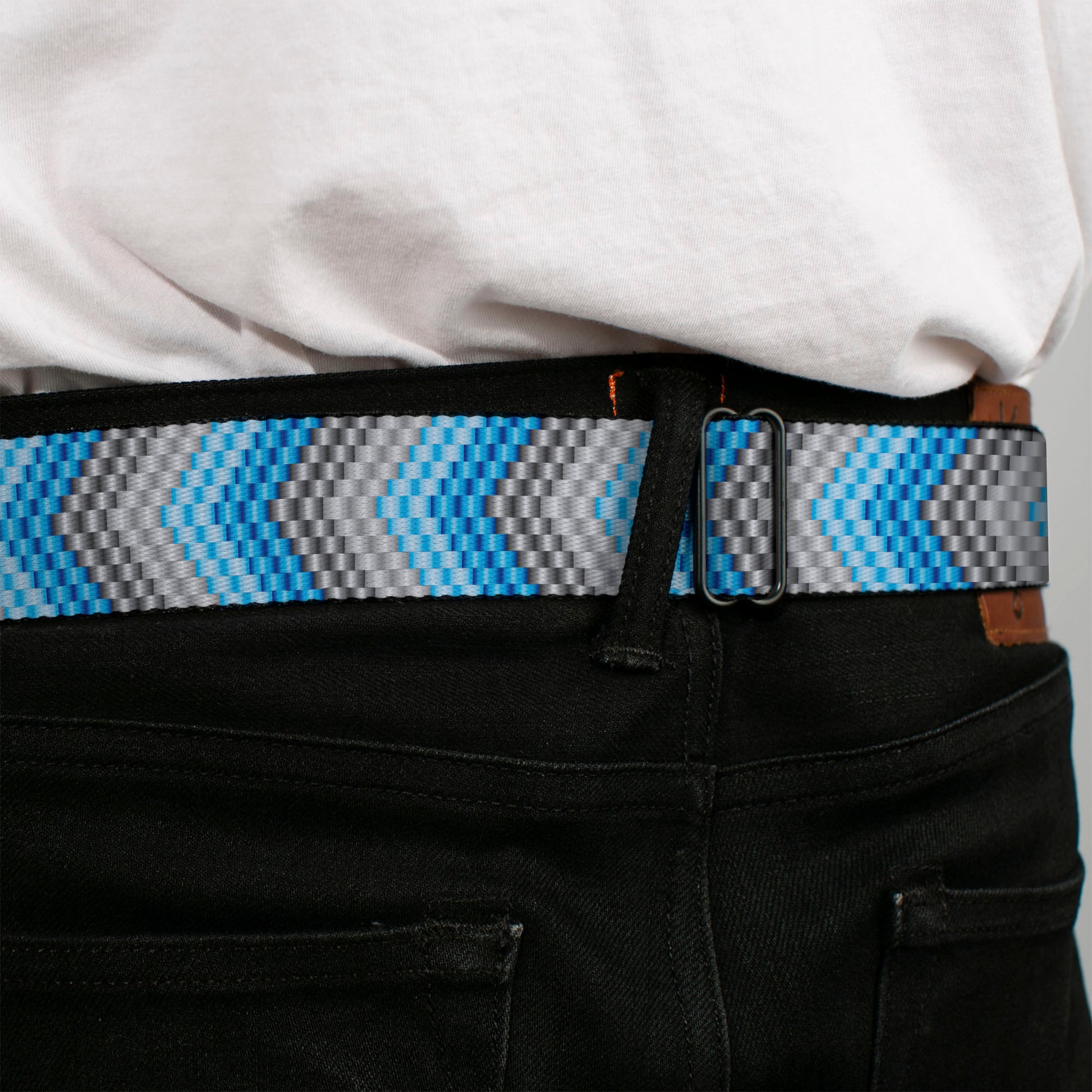 BD Wings Logo CLOSE-UP Full Color Black Silver Seatbelt Belt - Chevron Weave Grays/Blues Webbing Seatbelt Belts Buckle-Down