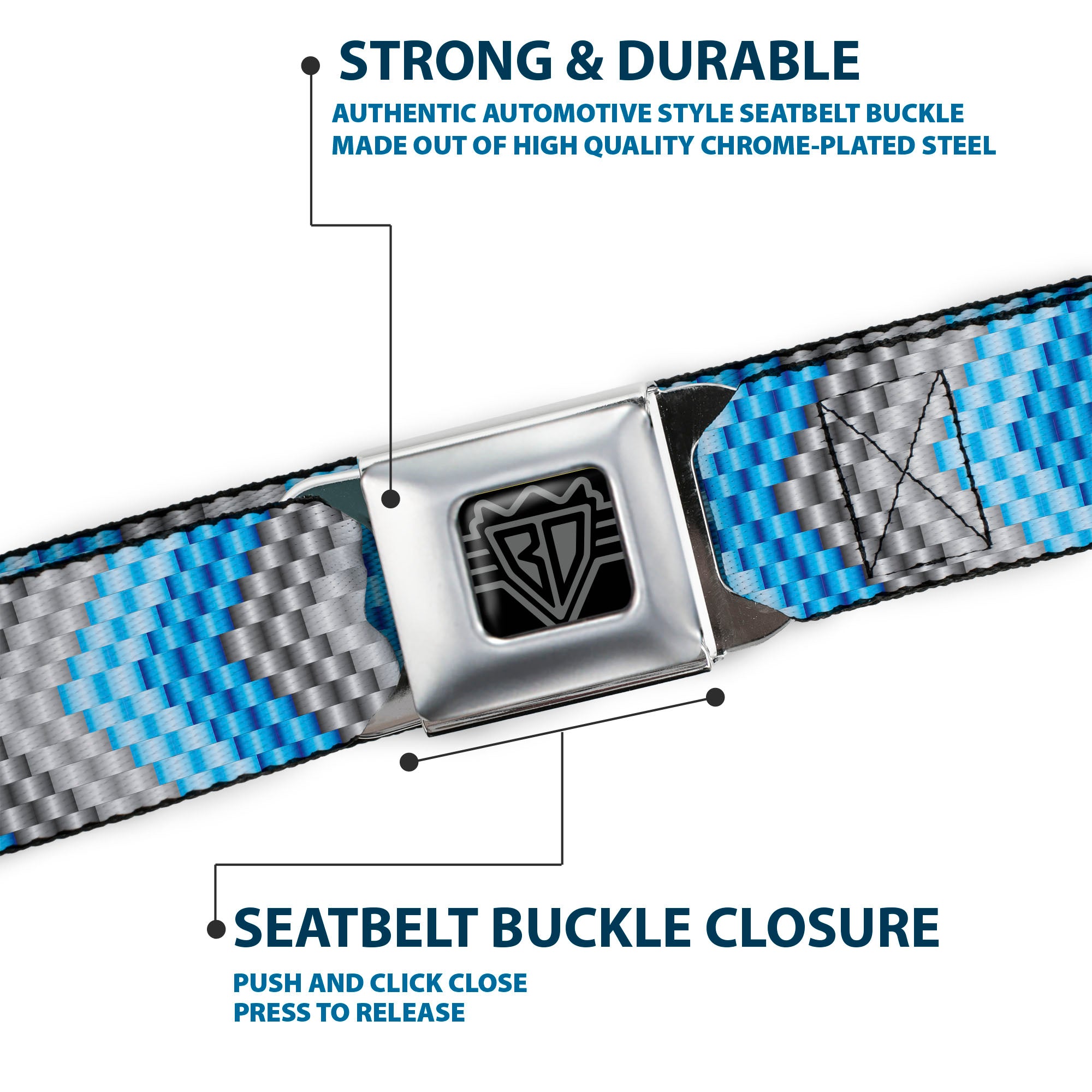 BD Wings Logo CLOSE-UP Full Color Black Silver Seatbelt Belt - Chevron Weave Grays/Blues Webbing Seatbelt Belts Buckle-Down