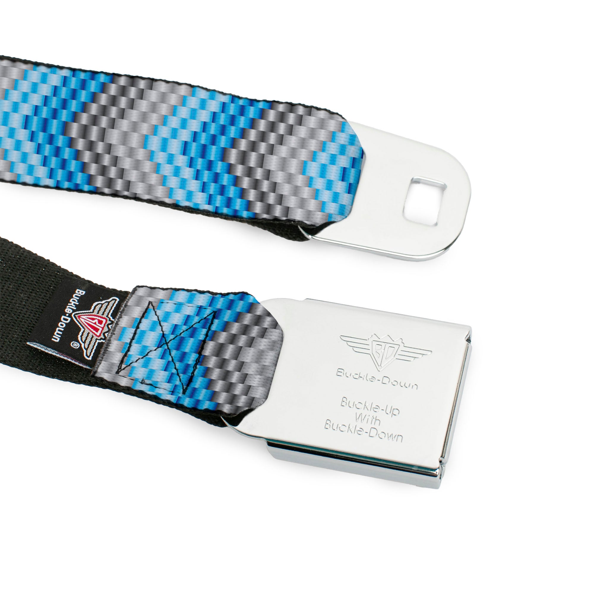 BD Wings Logo CLOSE-UP Full Color Black Silver Seatbelt Belt - Chevron Weave Grays/Blues Webbing Seatbelt Belts Buckle-Down