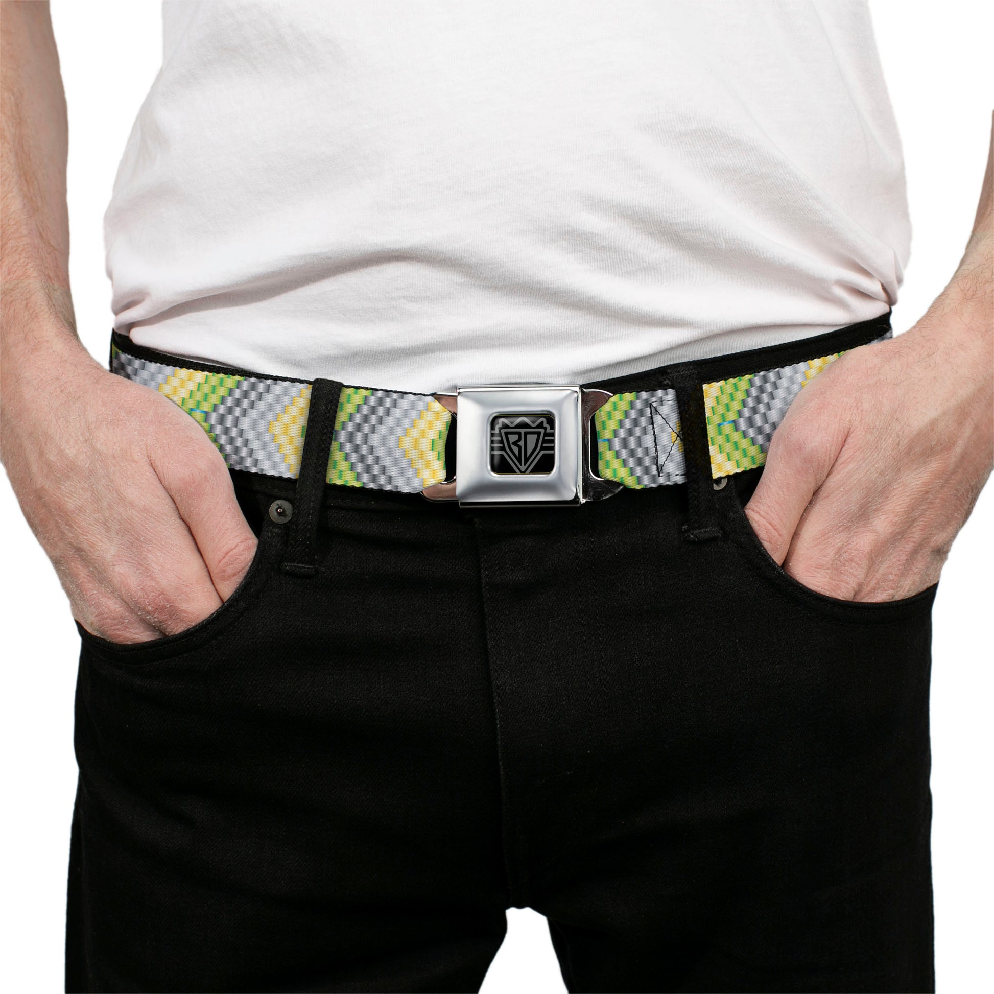 BD Wings Logo CLOSE-UP Full Color Black Silver Seatbelt Belt - Chevron Weave Grays/Yellow/Green Webbing Seatbelt Belts Buckle-Down