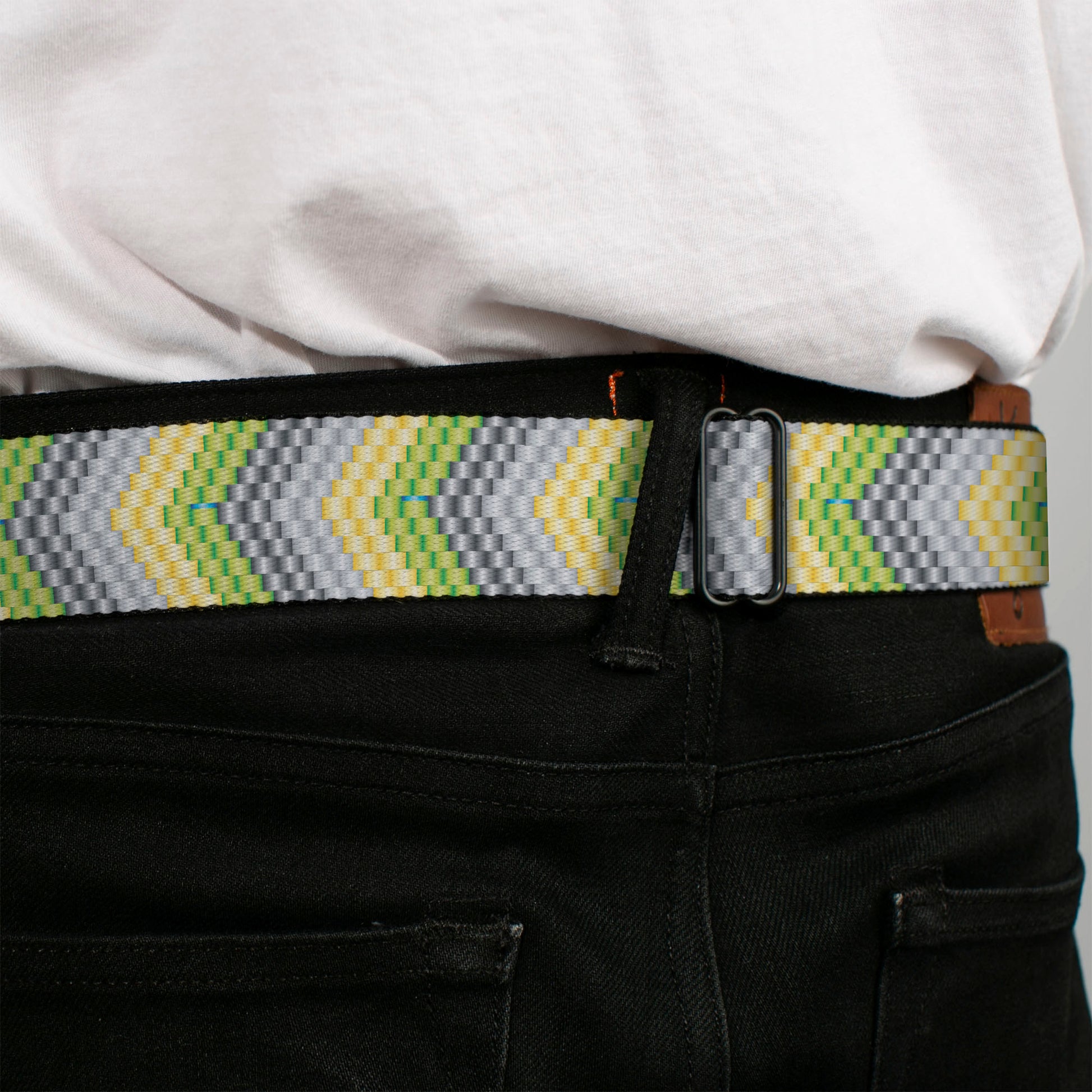 BD Wings Logo CLOSE-UP Full Color Black Silver Seatbelt Belt - Chevron Weave Grays/Yellow/Green Webbing Seatbelt Belts Buckle-Down