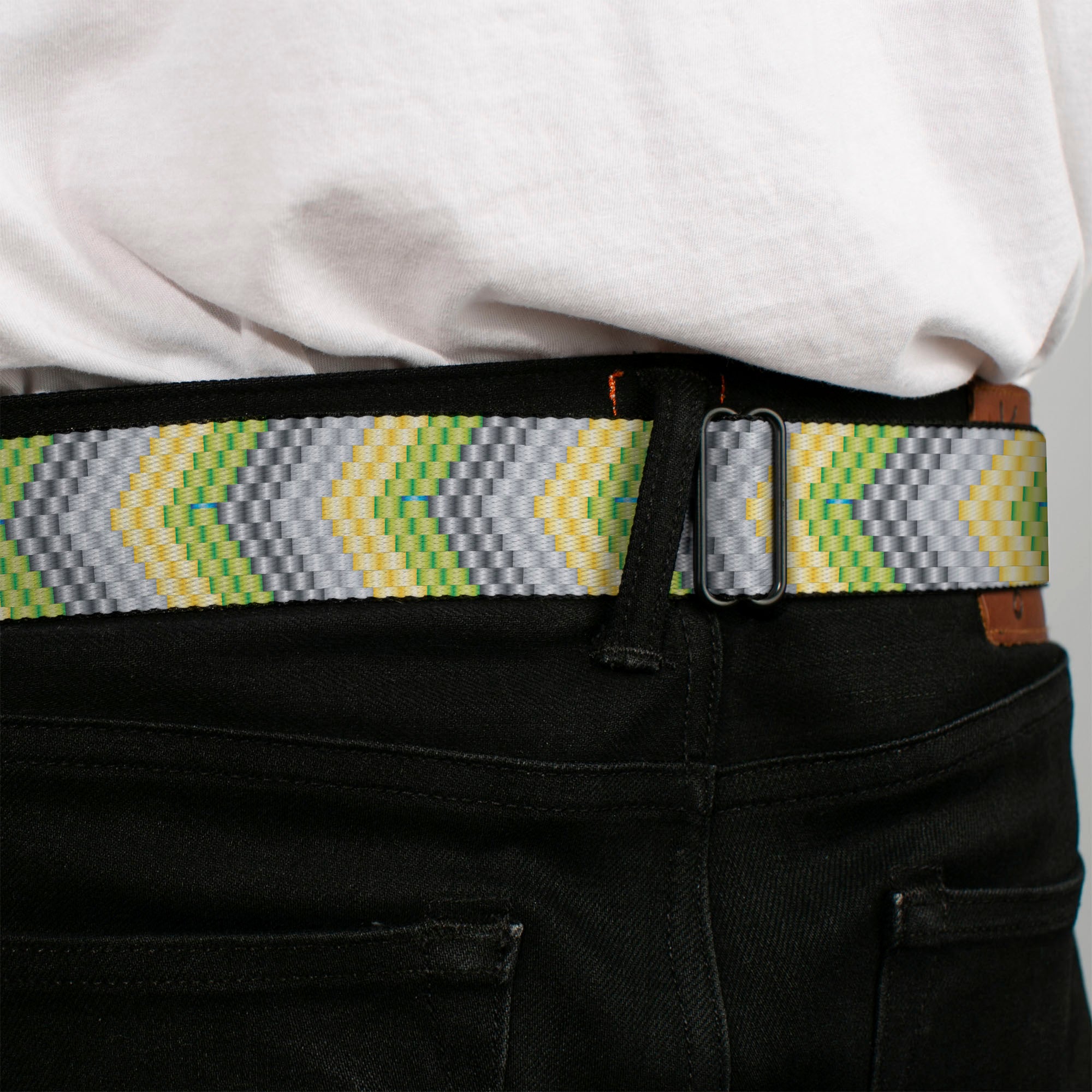 BD Wings Logo CLOSE-UP Full Color Black Silver Seatbelt Belt - Chevron Weave Grays/Yellow/Green Webbing Seatbelt Belts Buckle-Down