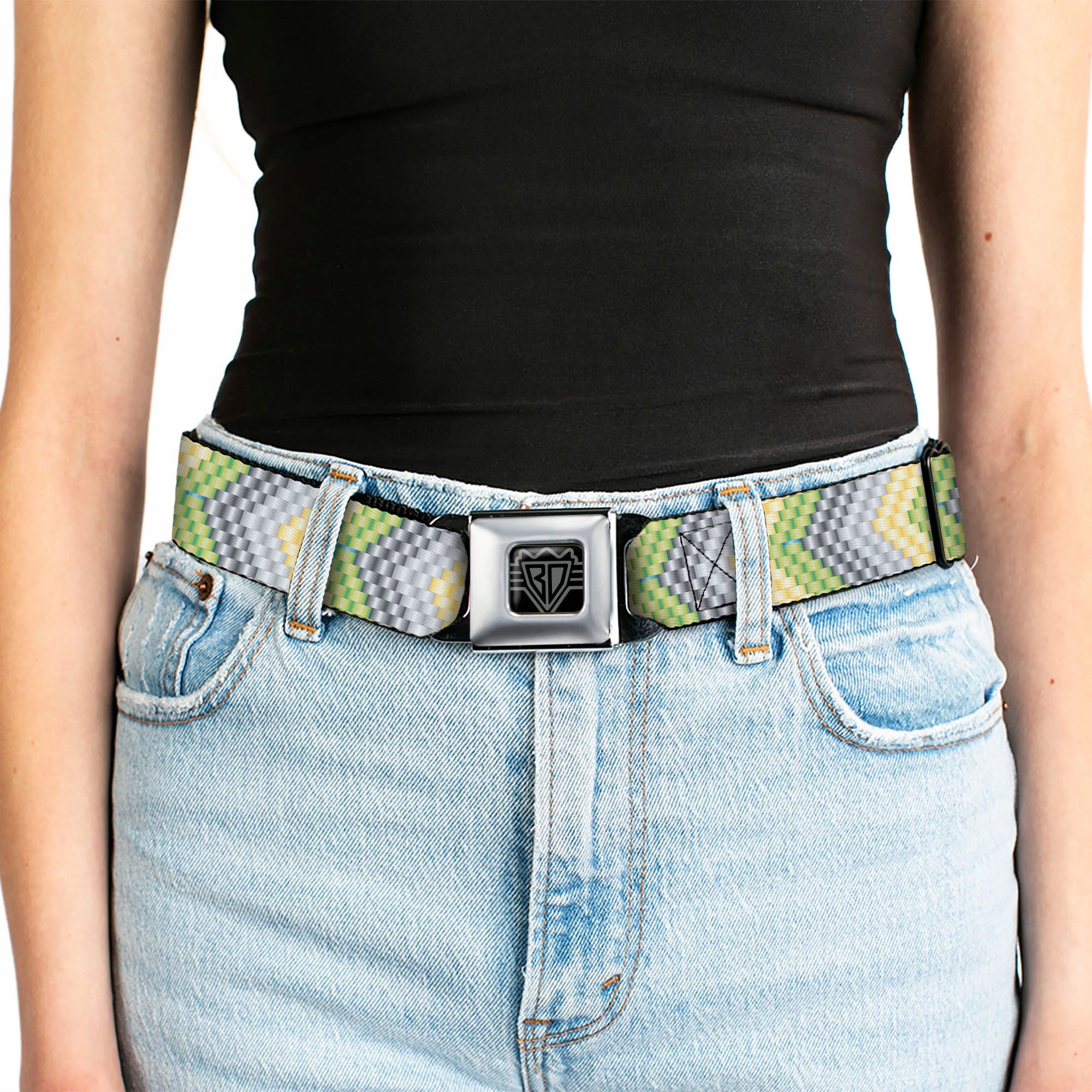 BD Wings Logo CLOSE-UP Full Color Black Silver Seatbelt Belt - Chevron Weave Grays/Yellow/Green Webbing Seatbelt Belts Buckle-Down