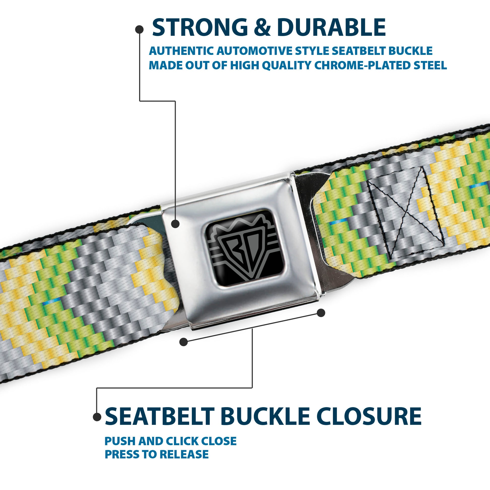 BD Wings Logo CLOSE-UP Full Color Black Silver Seatbelt Belt - Chevron Weave Grays/Yellow/Green Webbing Seatbelt Belts Buckle-Down