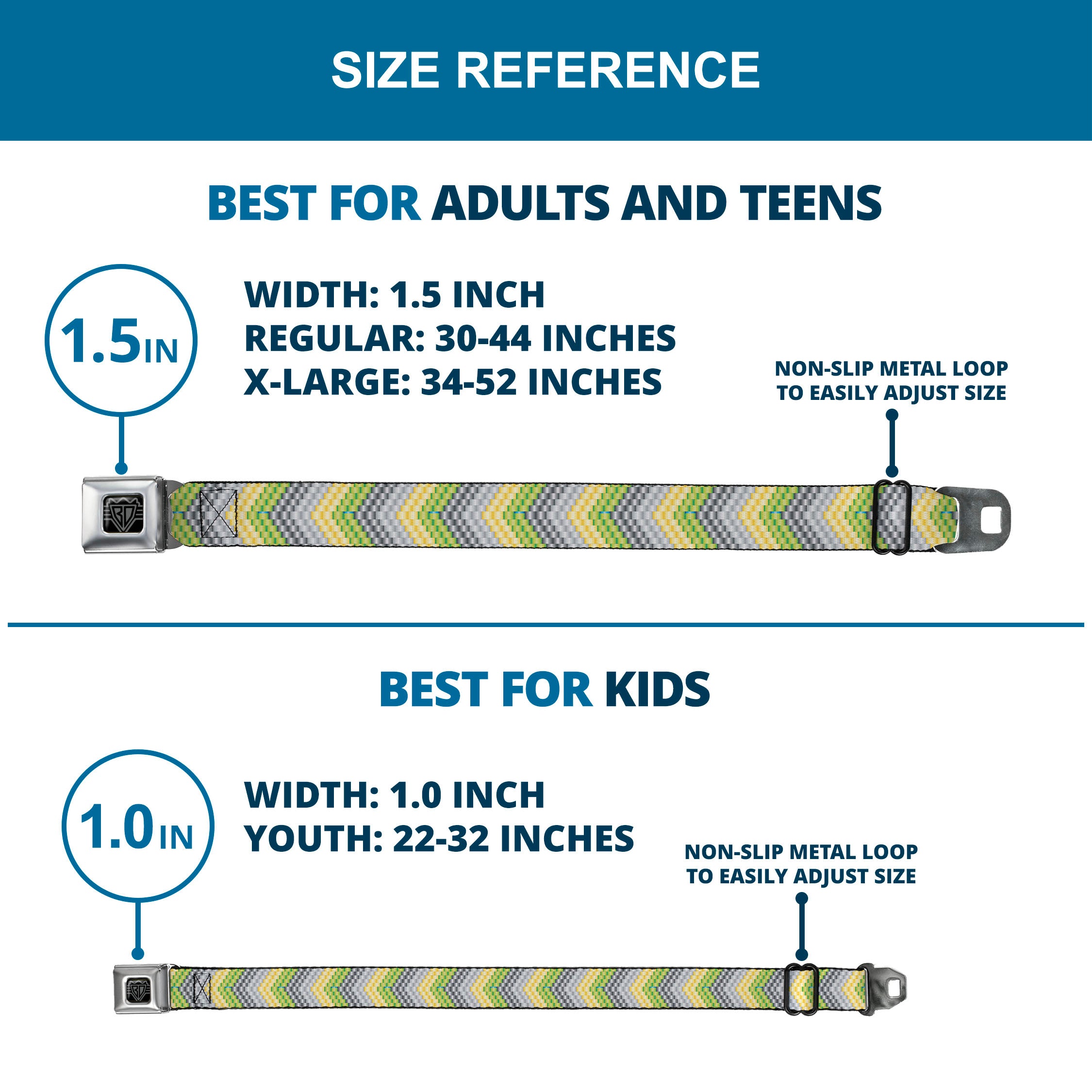 BD Wings Logo CLOSE-UP Full Color Black Silver Seatbelt Belt - Chevron Weave Grays/Yellow/Green Webbing Seatbelt Belts Buckle-Down