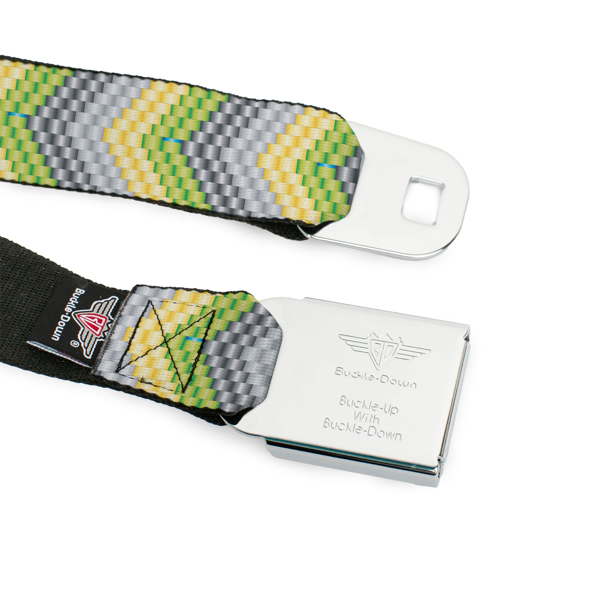 BD Wings Logo CLOSE-UP Full Color Black Silver Seatbelt Belt - Chevron Weave Grays/Yellow/Green Webbing Seatbelt Belts Buckle-Down