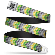 BD Wings Logo CLOSE-UP Full Color Black Silver Seatbelt Belt - Chevron Weave Grays/Yellow/Green Webbing Seatbelt Belts Buckle-Down