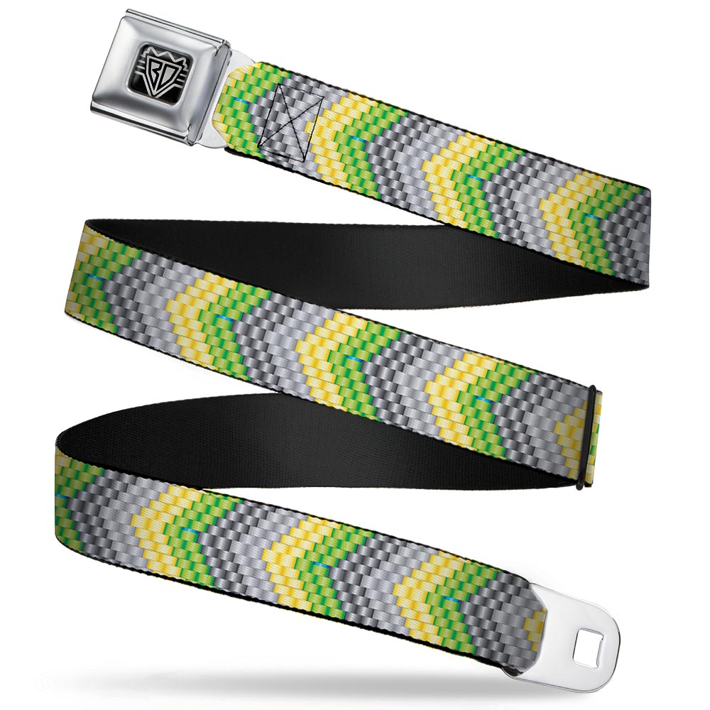 BD Wings Logo CLOSE-UP Full Color Black Silver Seatbelt Belt - Chevron Weave Grays/Yellow/Green Webbing Seatbelt Belts Buckle-Down
