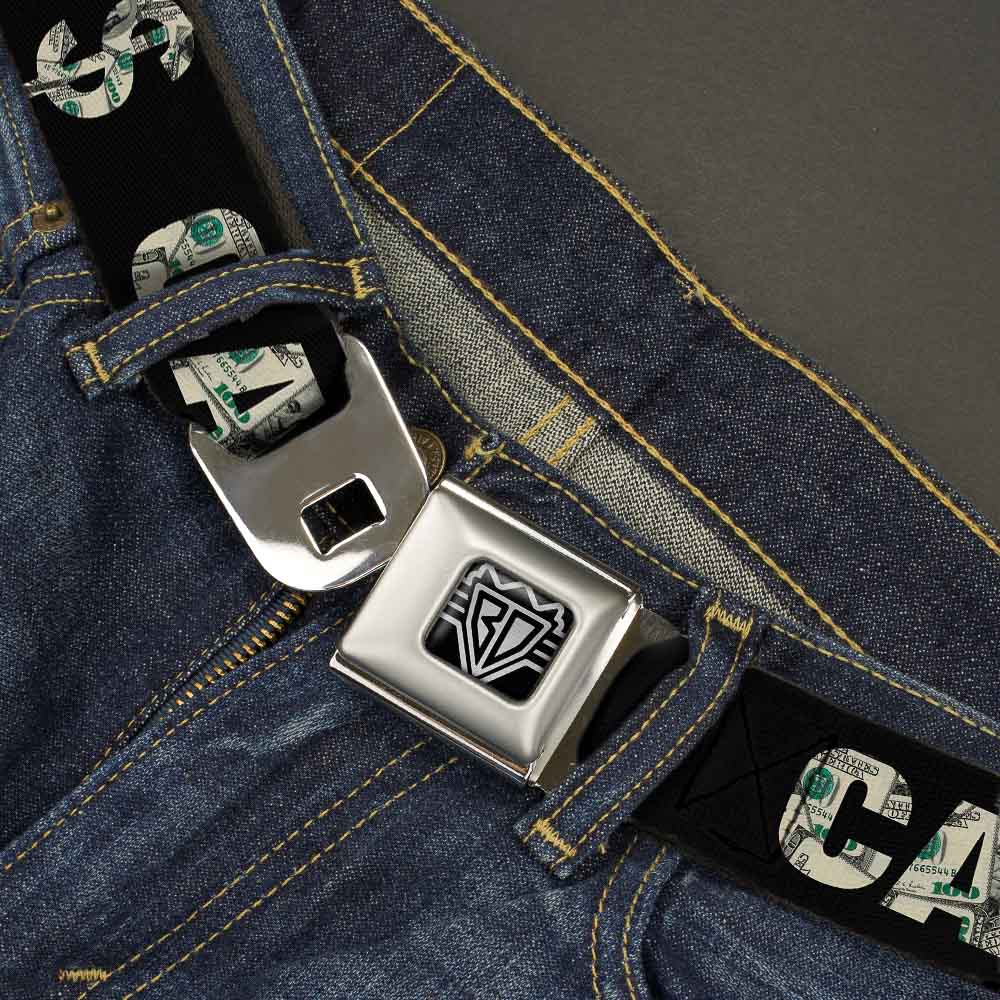 BD Wings Logo CLOSE-UP Full Color Black Silver Seatbelt Belt - CASH MONEY $ Black/Dollars Webbing Seatbelt Belts Buckle-Down