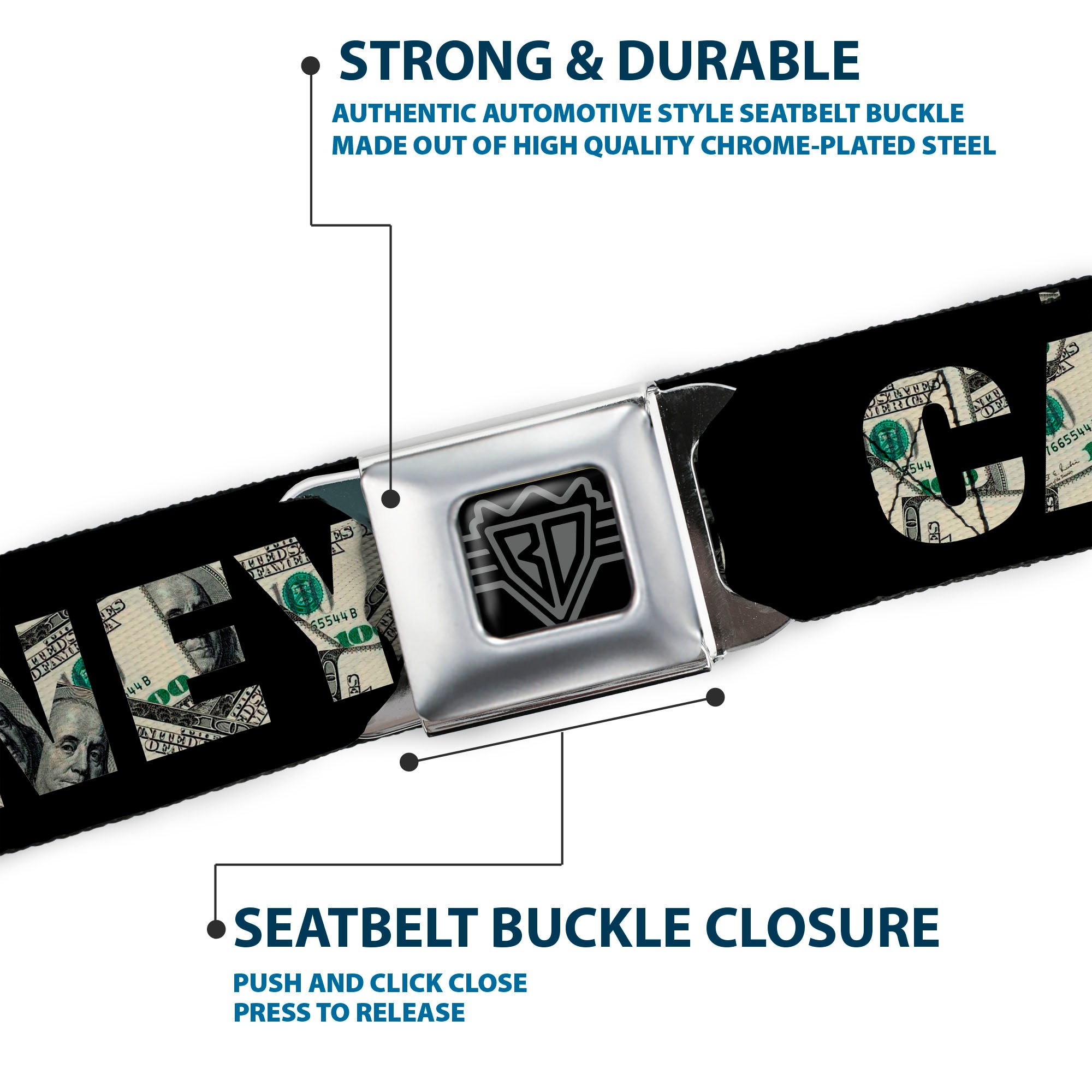 BD Wings Logo CLOSE-UP Full Color Black Silver Seatbelt Belt - CASH MONEY $ Black/Dollars Webbing Seatbelt Belts Buckle-Down