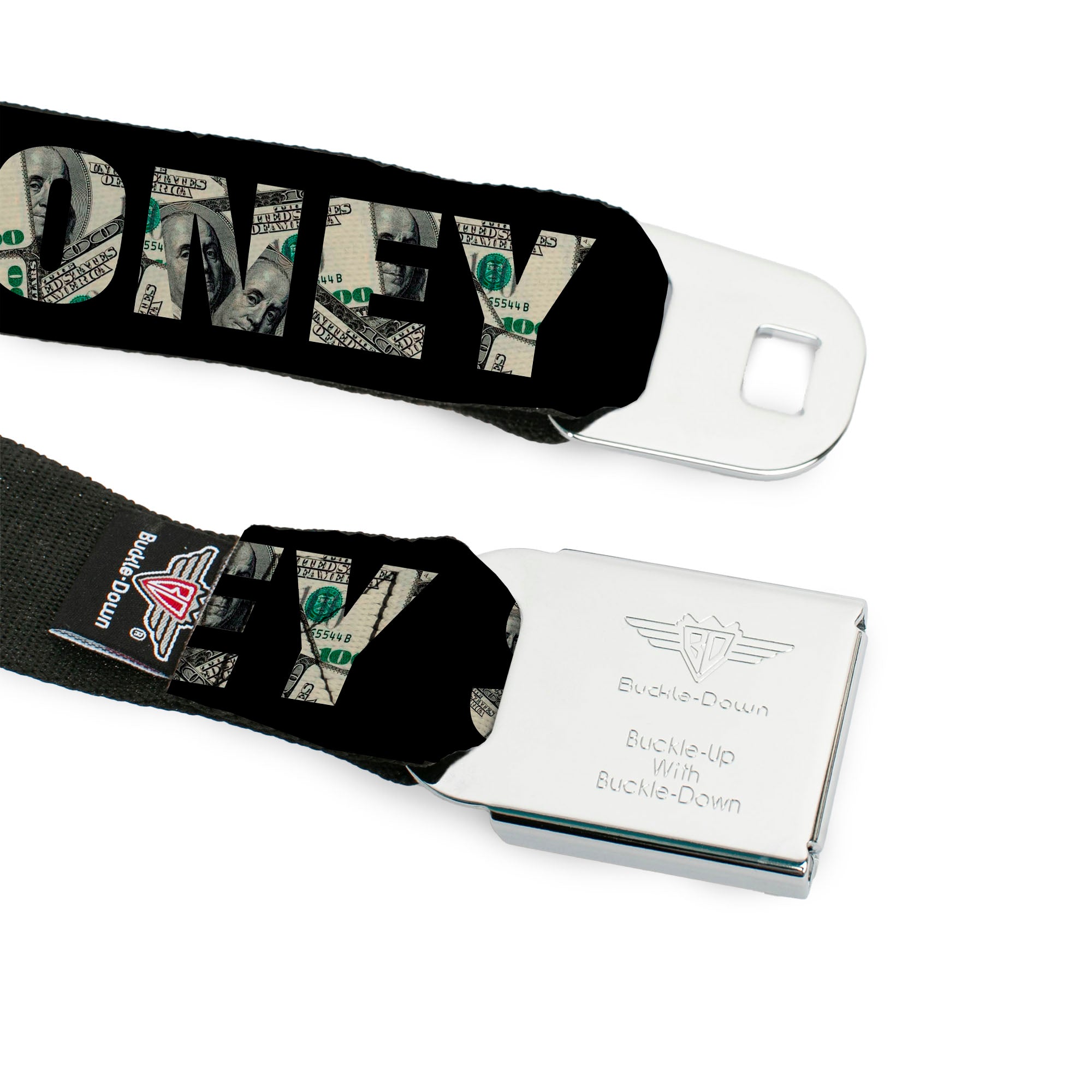 BD Wings Logo CLOSE-UP Full Color Black Silver Seatbelt Belt - CASH MONEY $ Black/Dollars Webbing Seatbelt Belts Buckle-Down