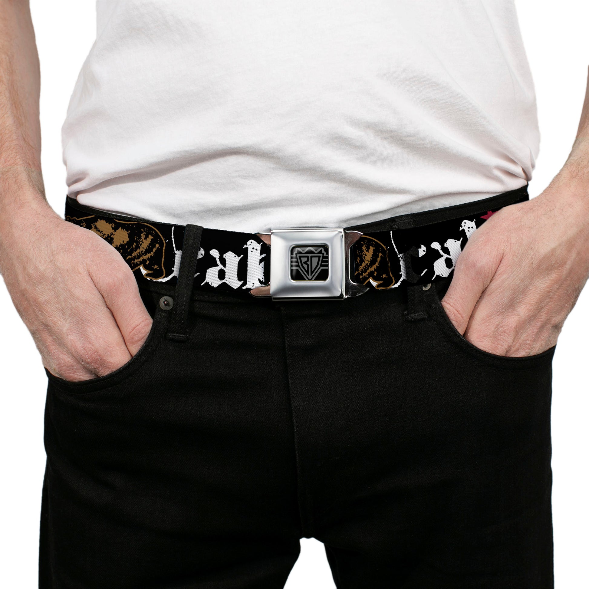 BD Wings Logo CLOSE-UP Full Color Black Silver Seatbelt Belt - CALI w/Grizzly Bear Webbing Seatbelt Belts Buckle-Down