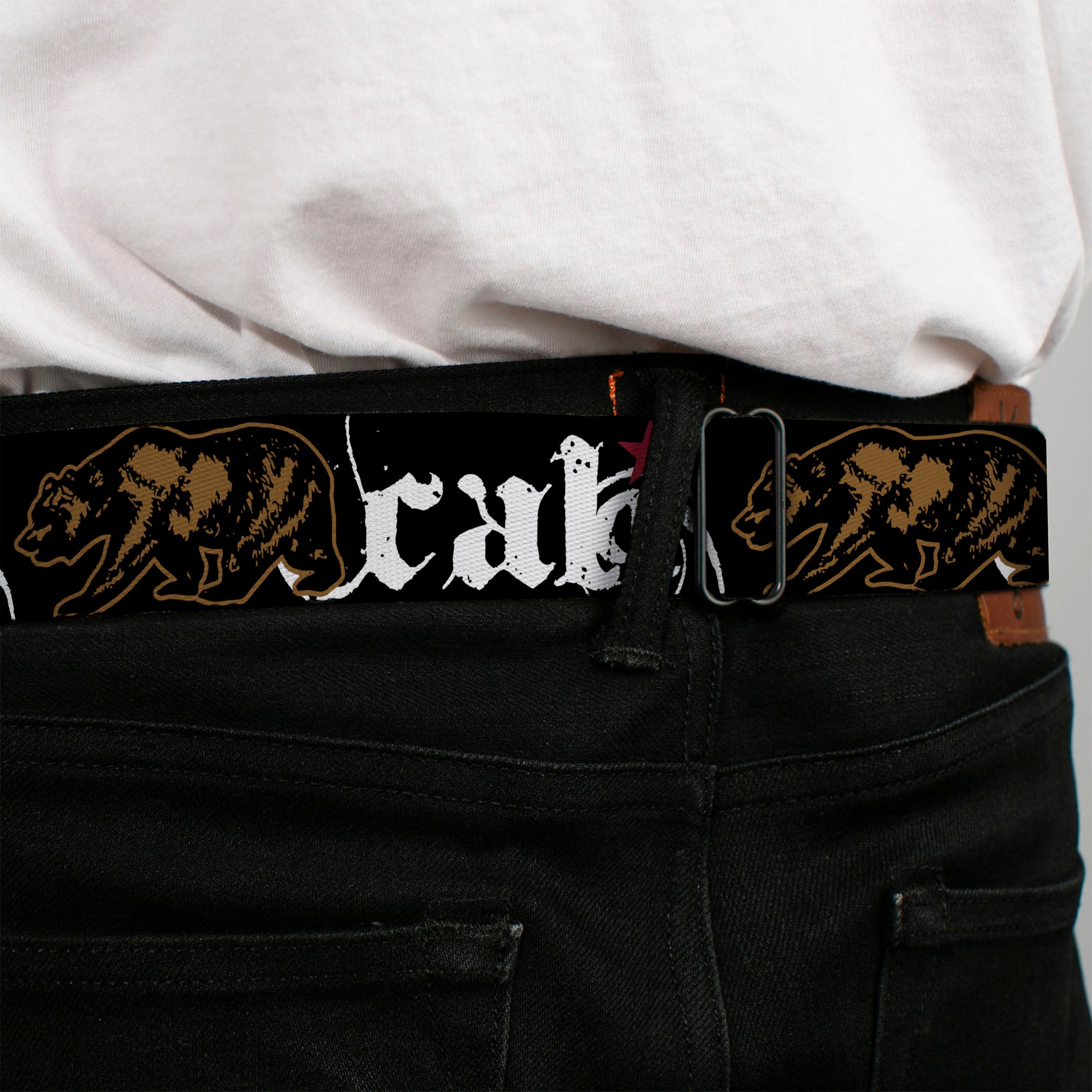 BD Wings Logo CLOSE-UP Full Color Black Silver Seatbelt Belt - CALI w/Grizzly Bear Webbing Seatbelt Belts Buckle-Down