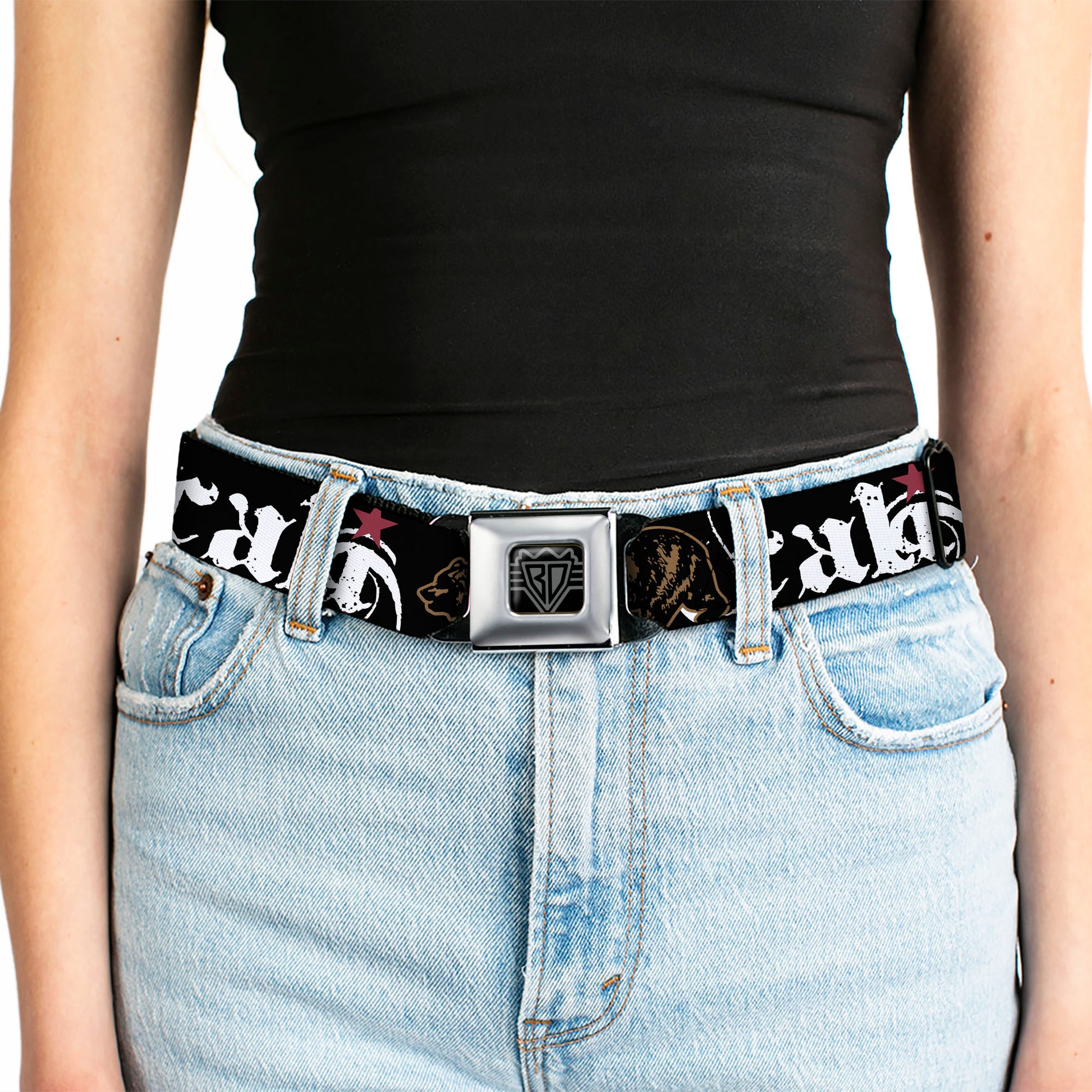 BD Wings Logo CLOSE-UP Full Color Black Silver Seatbelt Belt - CALI w/Grizzly Bear Webbing Seatbelt Belts Buckle-Down