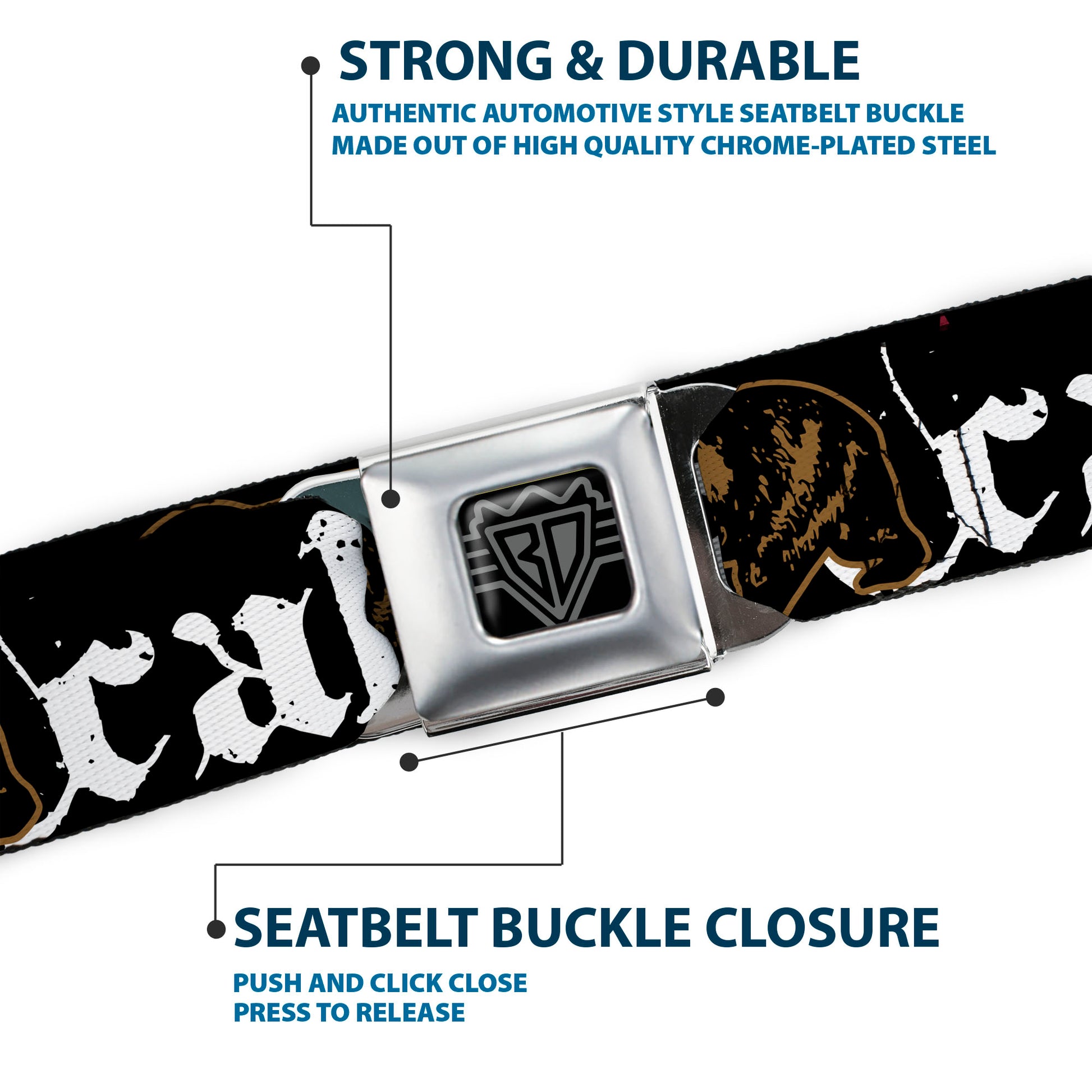 BD Wings Logo CLOSE-UP Full Color Black Silver Seatbelt Belt - CALI w/Grizzly Bear Webbing Seatbelt Belts Buckle-Down