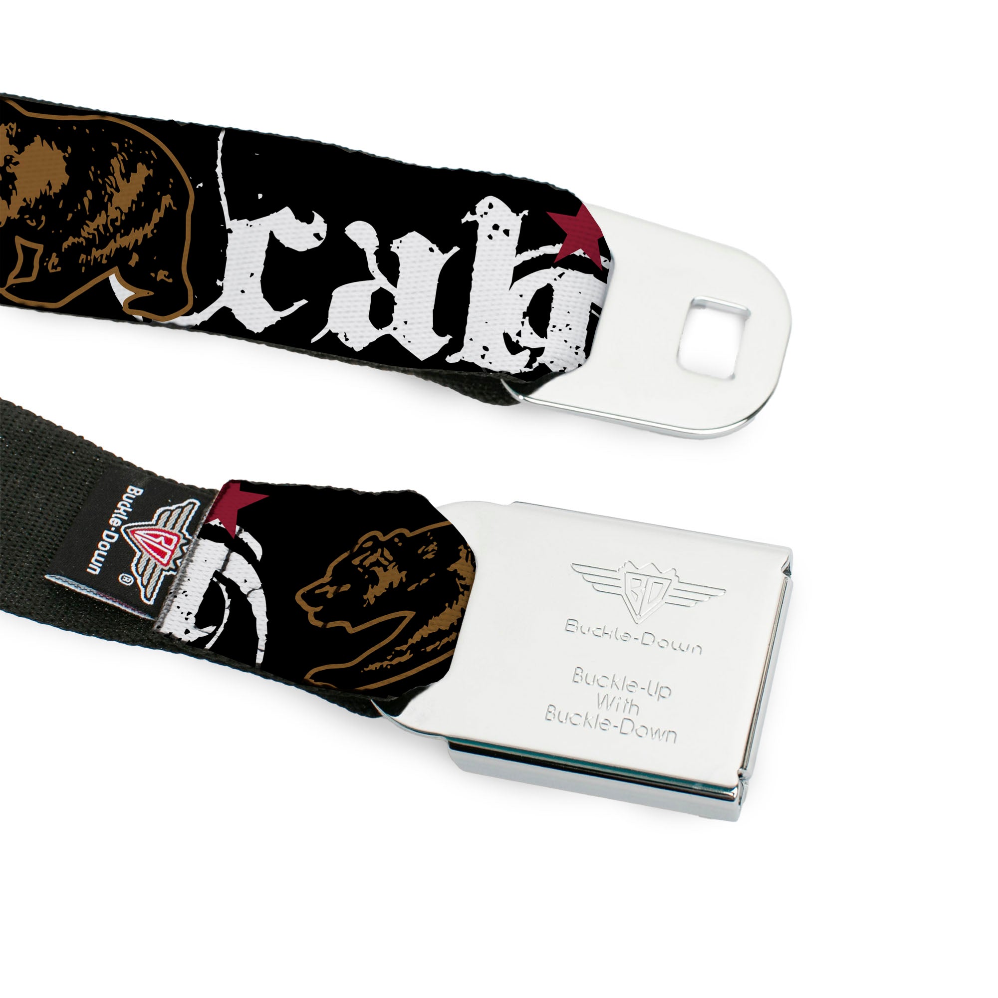 BD Wings Logo CLOSE-UP Full Color Black Silver Seatbelt Belt - CALI w/Grizzly Bear Webbing Seatbelt Belts Buckle-Down