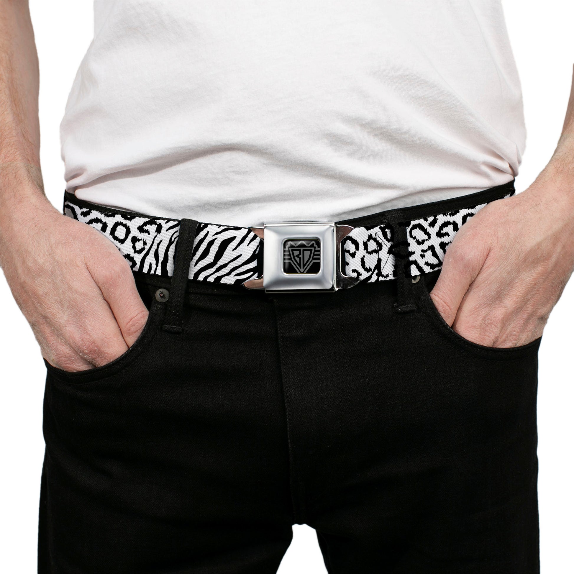 BD Wings Logo CLOSE-UP Full Color Black Silver Seatbelt Belt - Cheebra White/Black Webbing Seatbelt Belts Buckle-Down