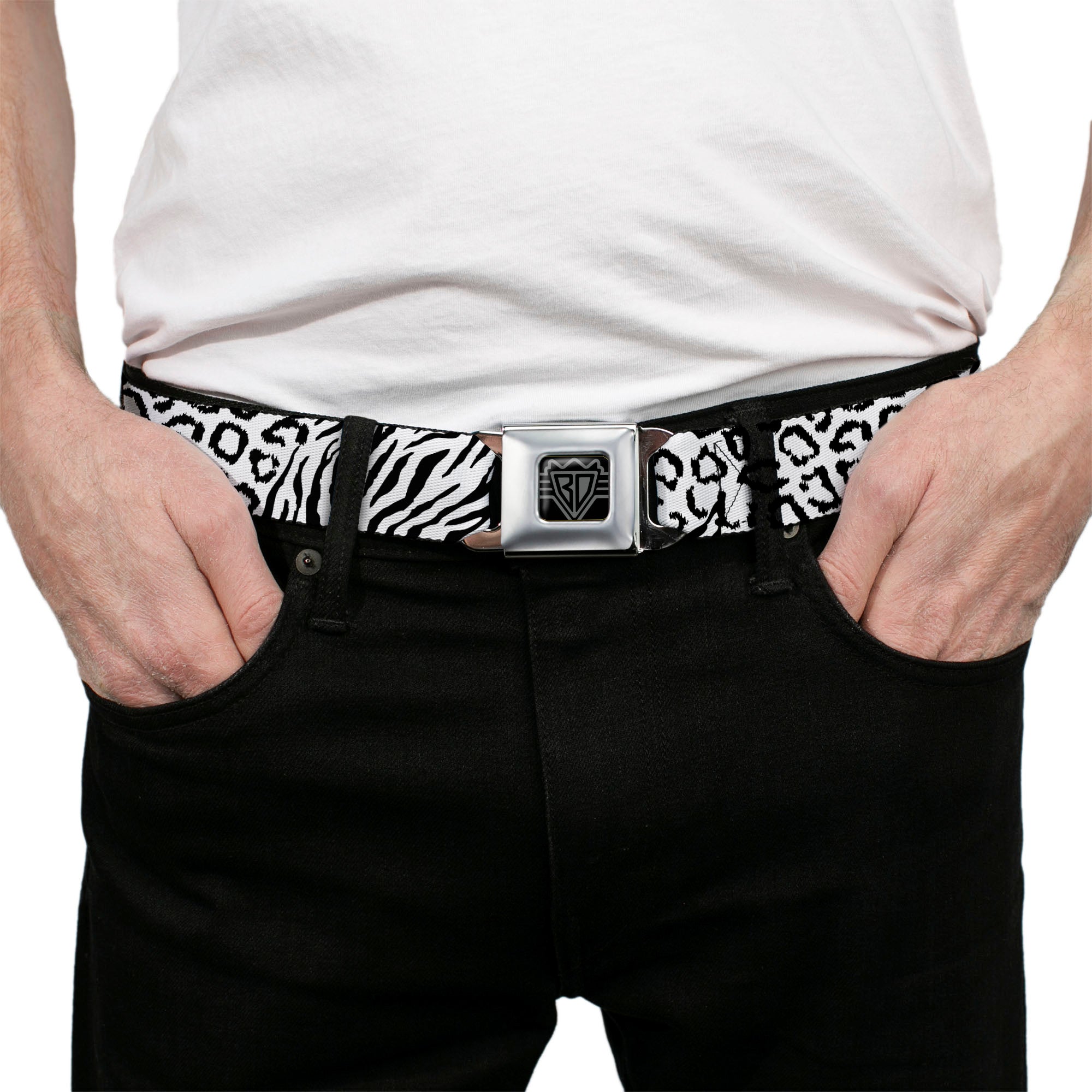 BD Wings Logo CLOSE-UP Full Color Black Silver Seatbelt Belt - Cheebra White/Black Webbing Seatbelt Belts Buckle-Down