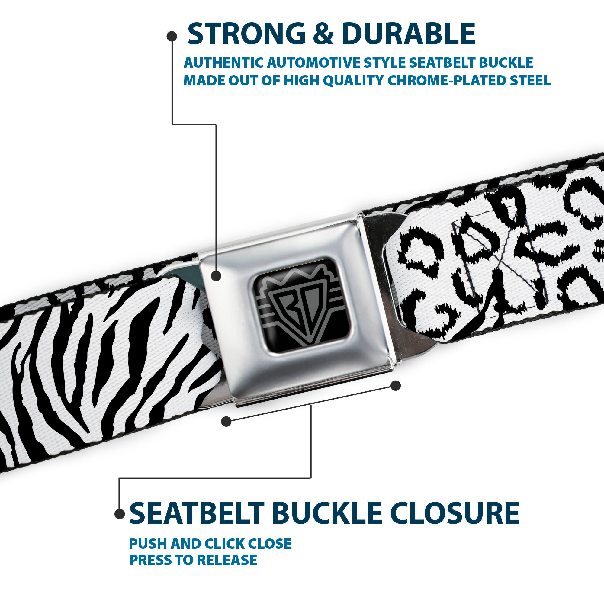 BD Wings Logo CLOSE-UP Full Color Black Silver Seatbelt Belt - Cheebra White/Black Webbing Seatbelt Belts Buckle-Down