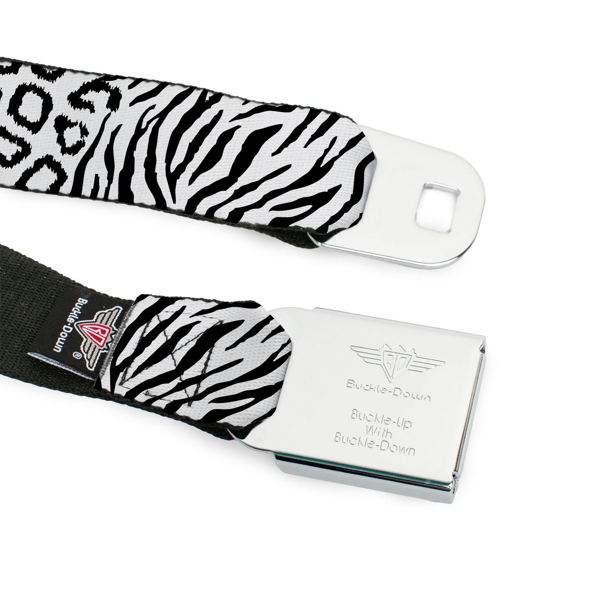 BD Wings Logo CLOSE-UP Full Color Black Silver Seatbelt Belt - Cheebra White/Black Webbing Seatbelt Belts Buckle-Down