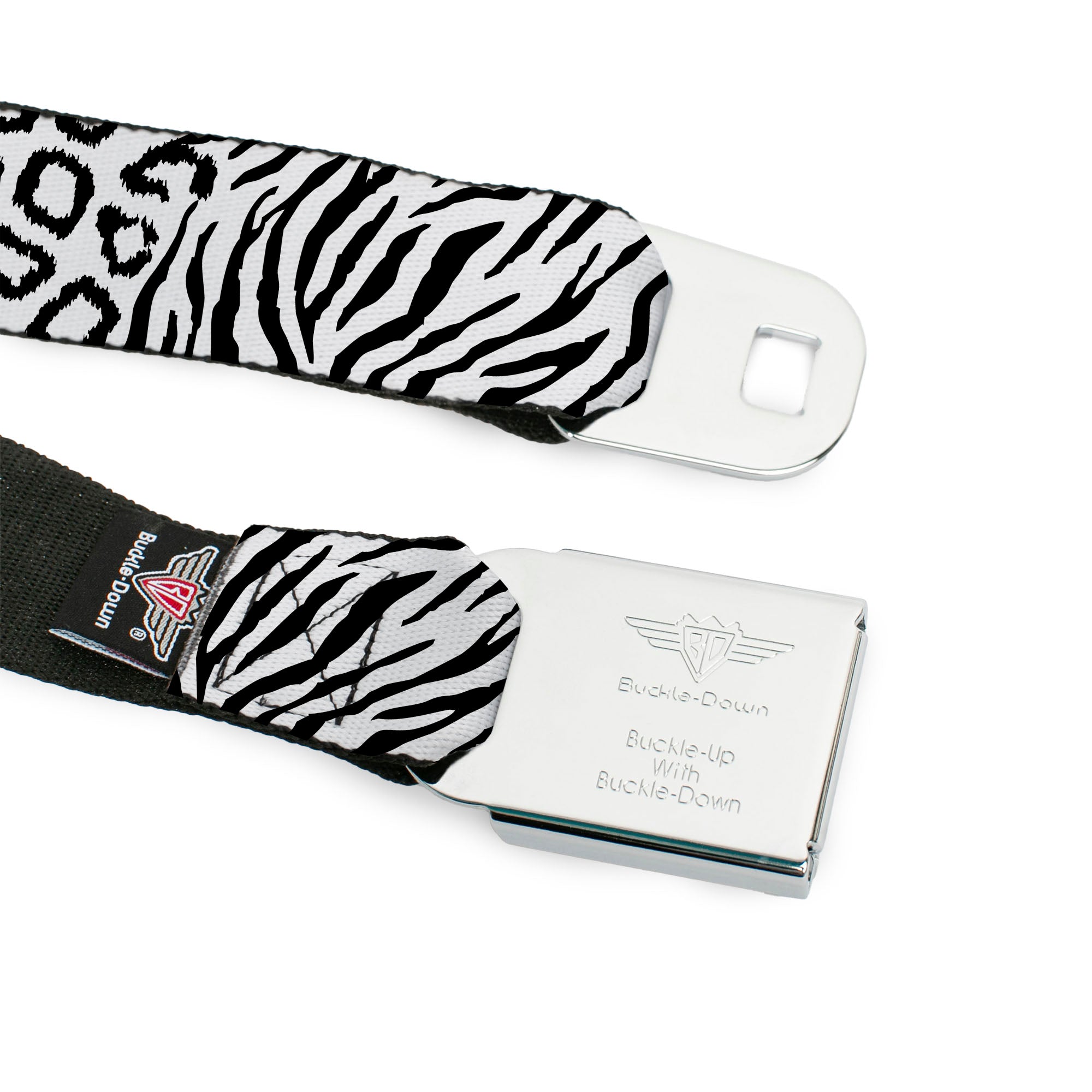 BD Wings Logo CLOSE-UP Full Color Black Silver Seatbelt Belt - Cheebra White/Black Webbing Seatbelt Belts Buckle-Down