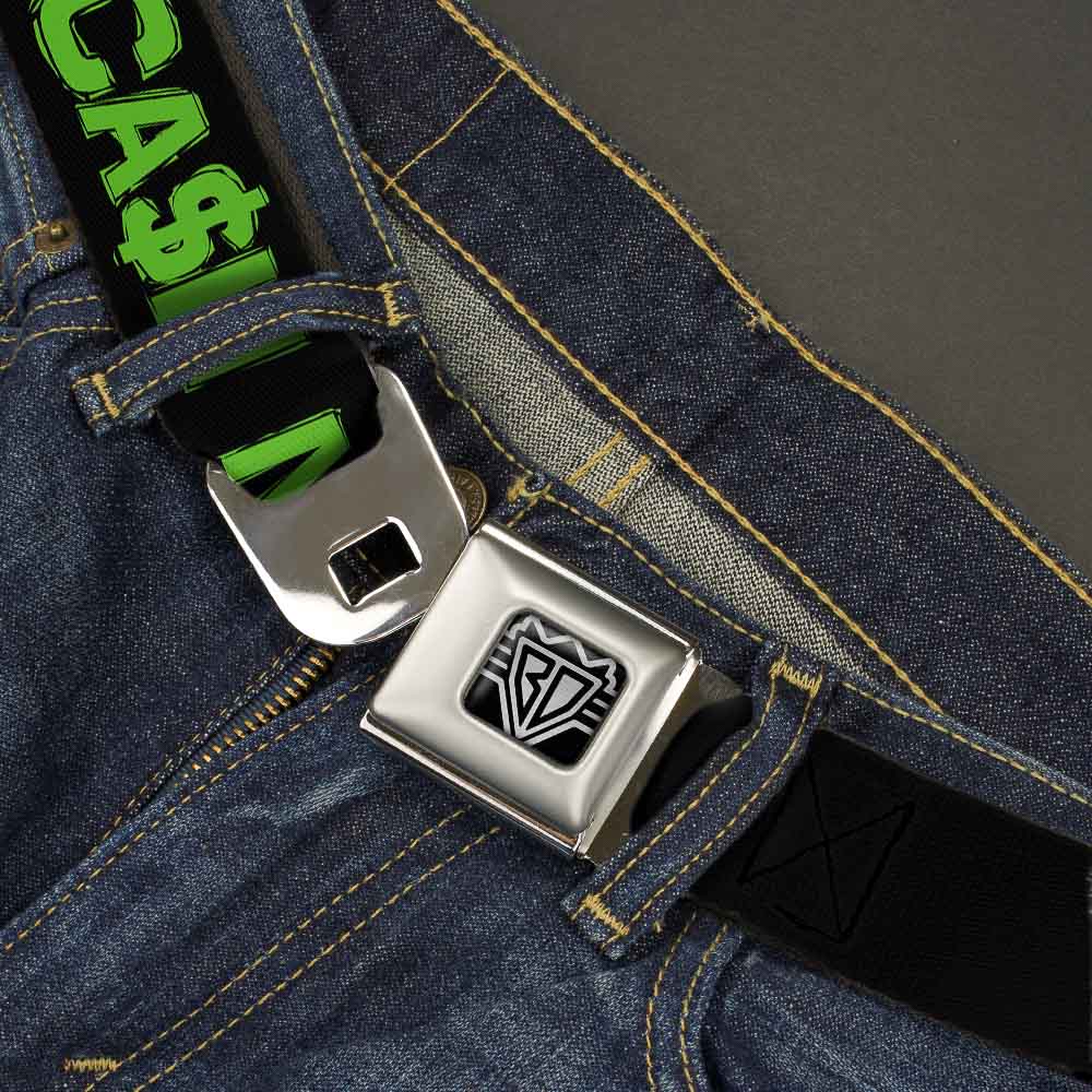 BD Wings Logo CLOSE-UP Full Color Black Silver Seatbelt Belt - CA$H MONEY Black/Green Webbing Seatbelt Belts Buckle-Down