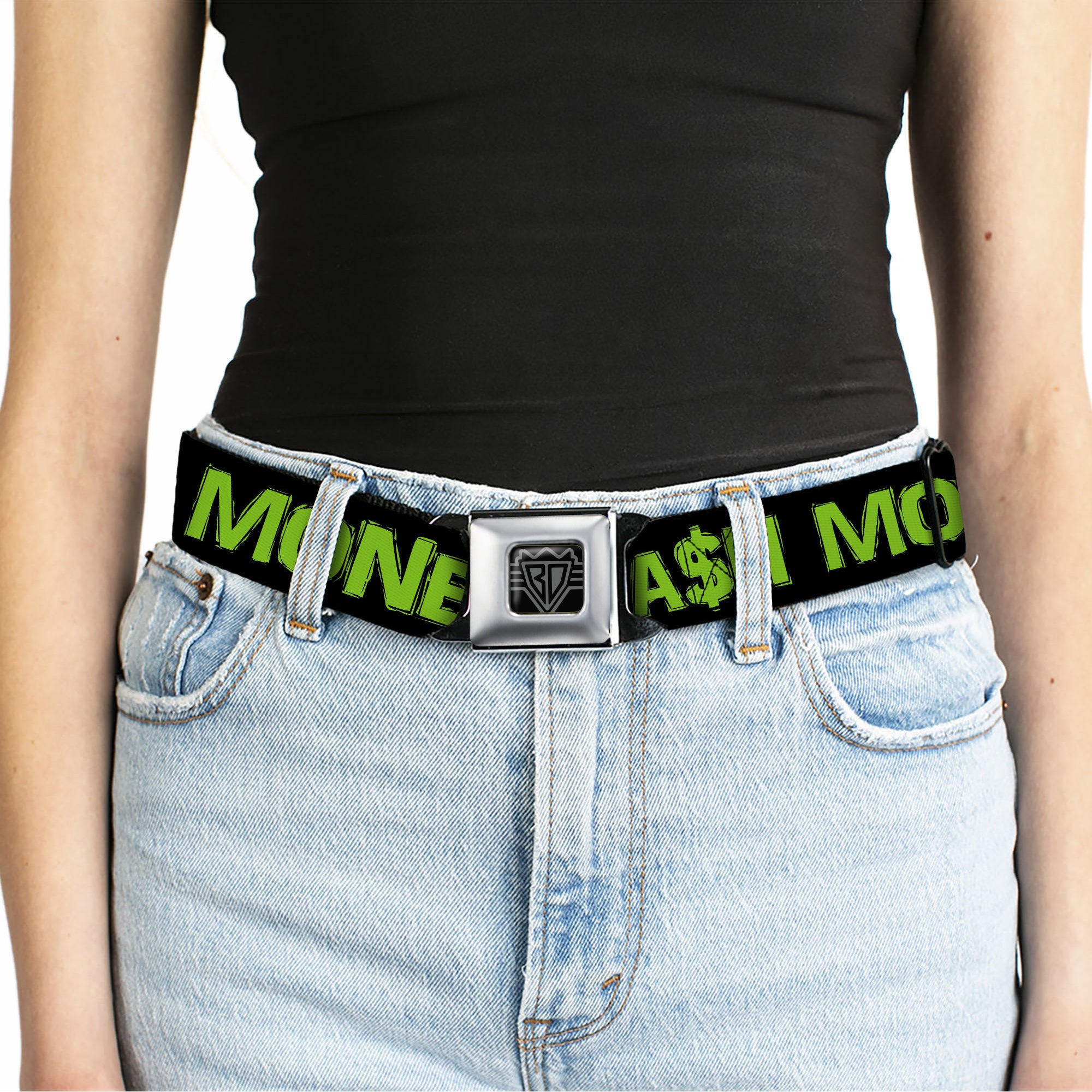 BD Wings Logo CLOSE-UP Full Color Black Silver Seatbelt Belt - CA$H MONEY Black/Green Webbing Seatbelt Belts Buckle-Down