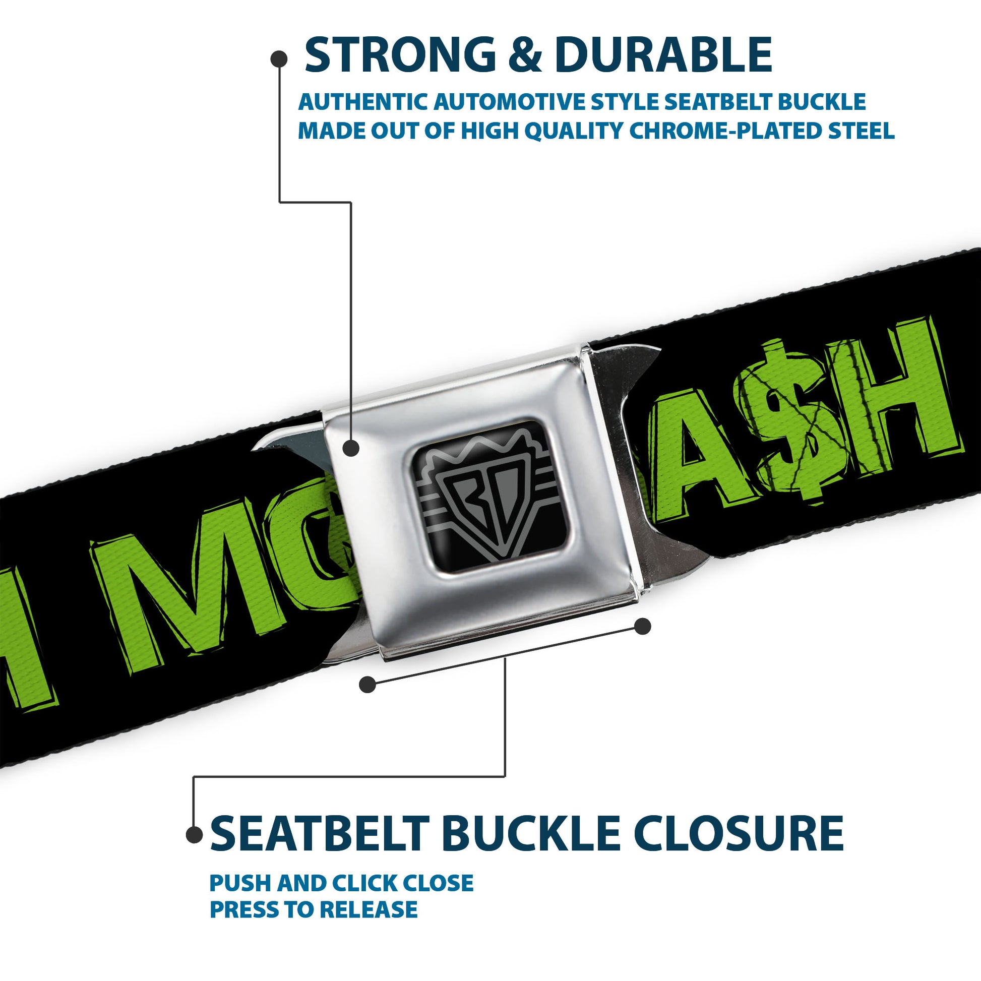 BD Wings Logo CLOSE-UP Full Color Black Silver Seatbelt Belt - CA$H MONEY Black/Green Webbing Seatbelt Belts Buckle-Down