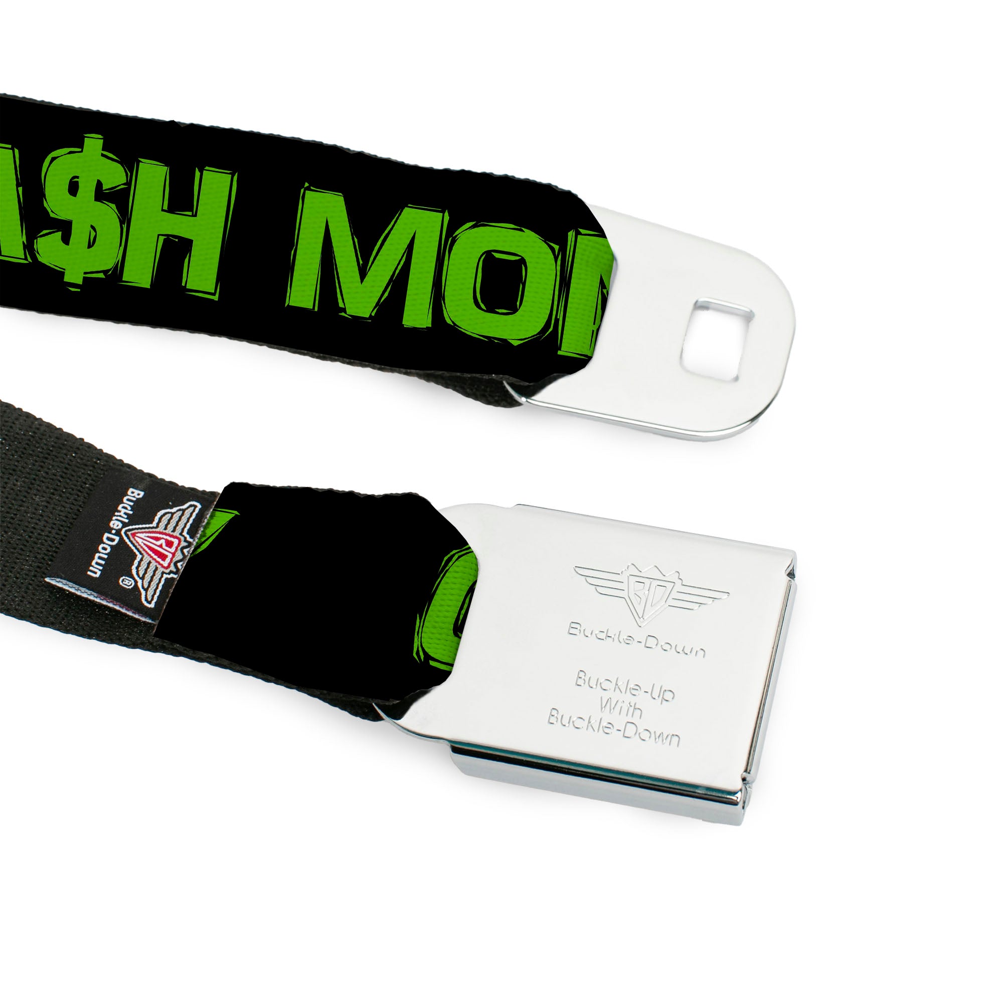 BD Wings Logo CLOSE-UP Full Color Black Silver Seatbelt Belt - CA$H MONEY Black/Green Webbing Seatbelt Belts Buckle-Down