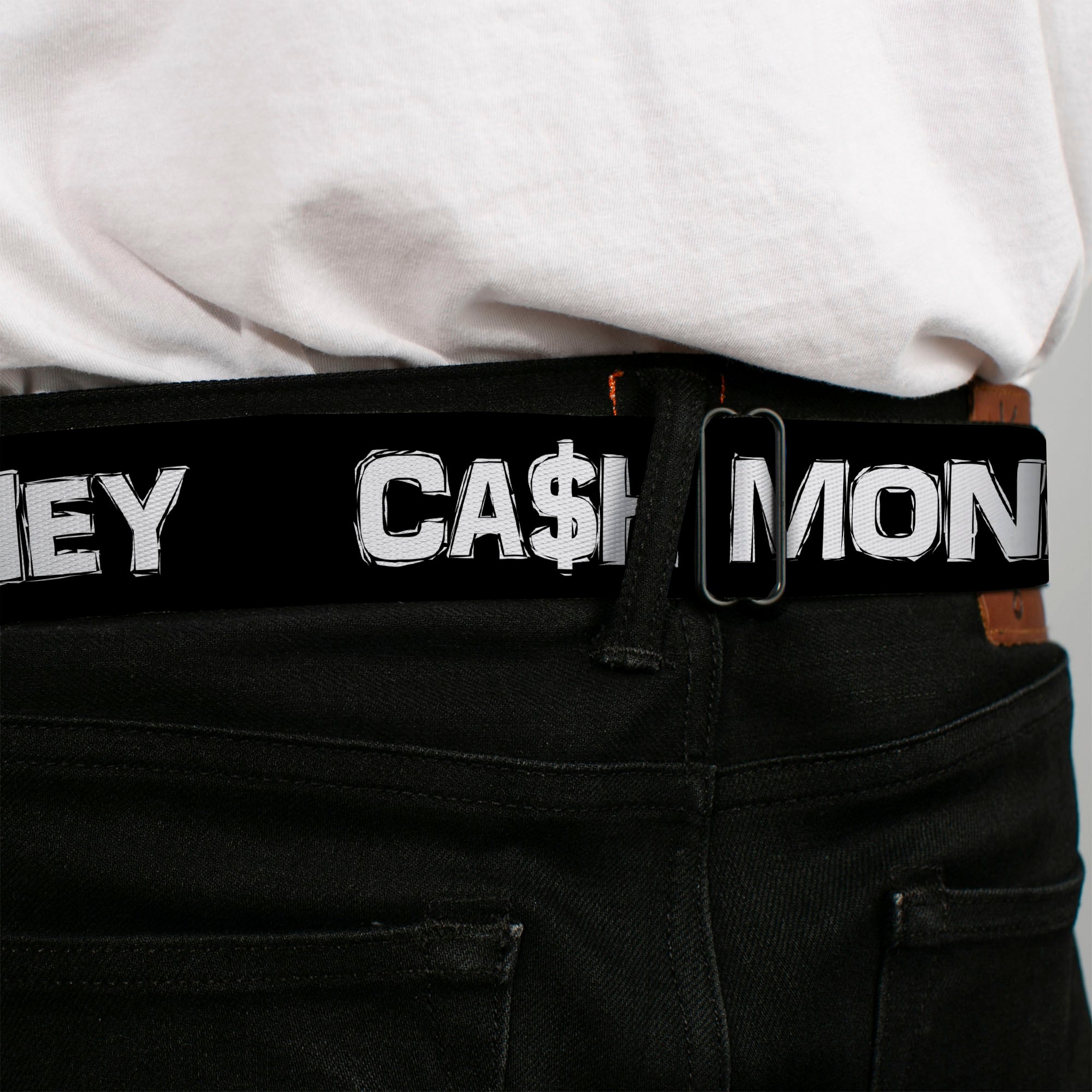 BD Wings Logo CLOSE-UP Full Color Black Silver Seatbelt Belt - CA$H MONEY Black/White Webbing Seatbelt Belts Buckle-Down