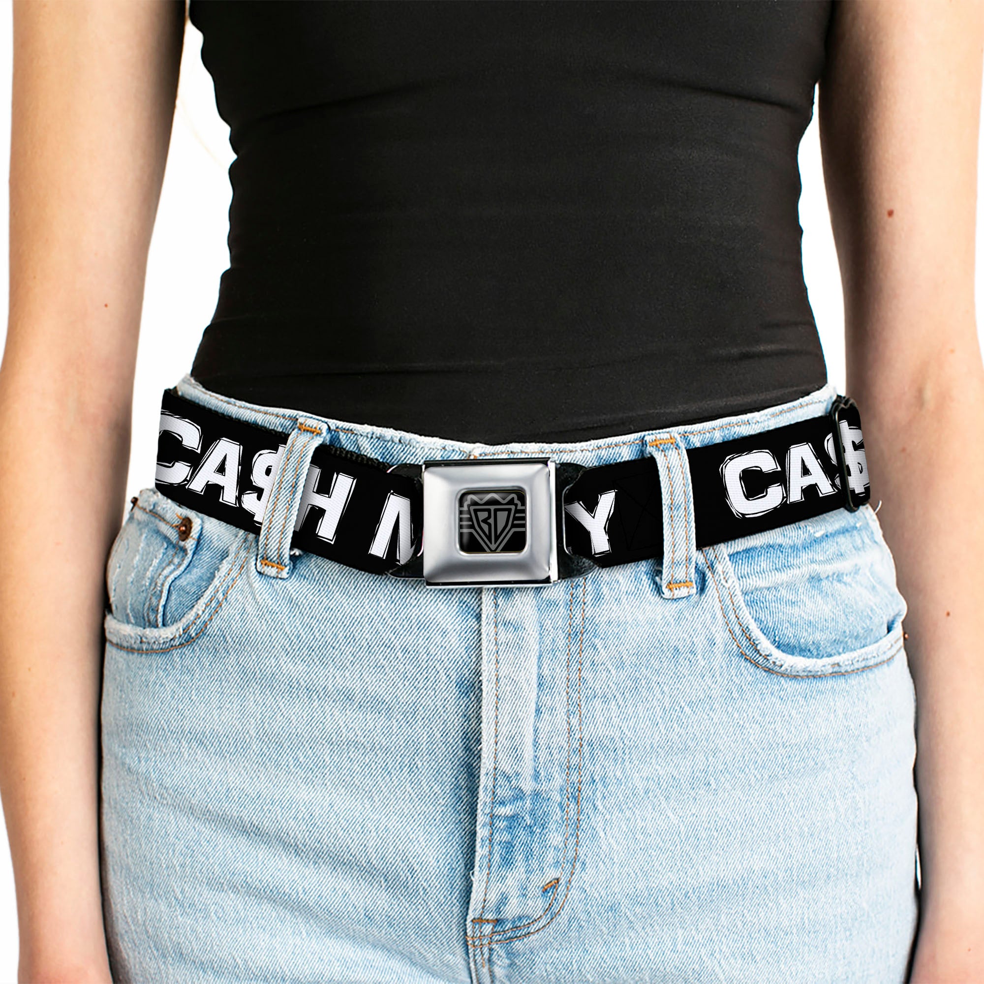 BD Wings Logo CLOSE-UP Full Color Black Silver Seatbelt Belt - CA$H MONEY Black/White Webbing Seatbelt Belts Buckle-Down