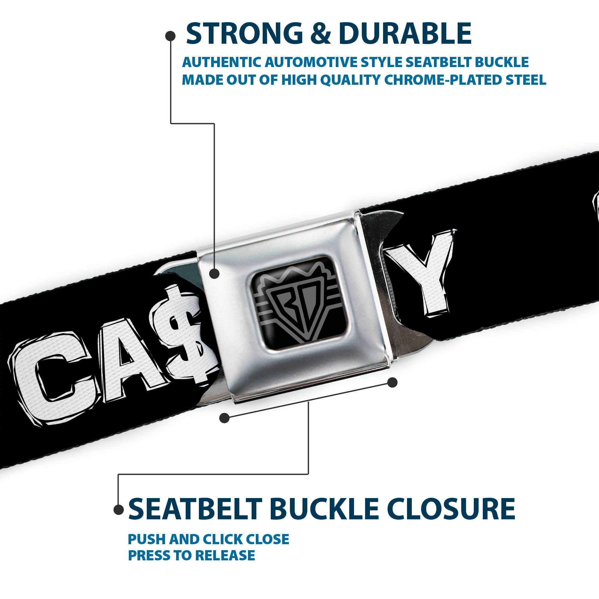 BD Wings Logo CLOSE-UP Full Color Black Silver Seatbelt Belt - CA$H MONEY Black/White Webbing Seatbelt Belts Buckle-Down
