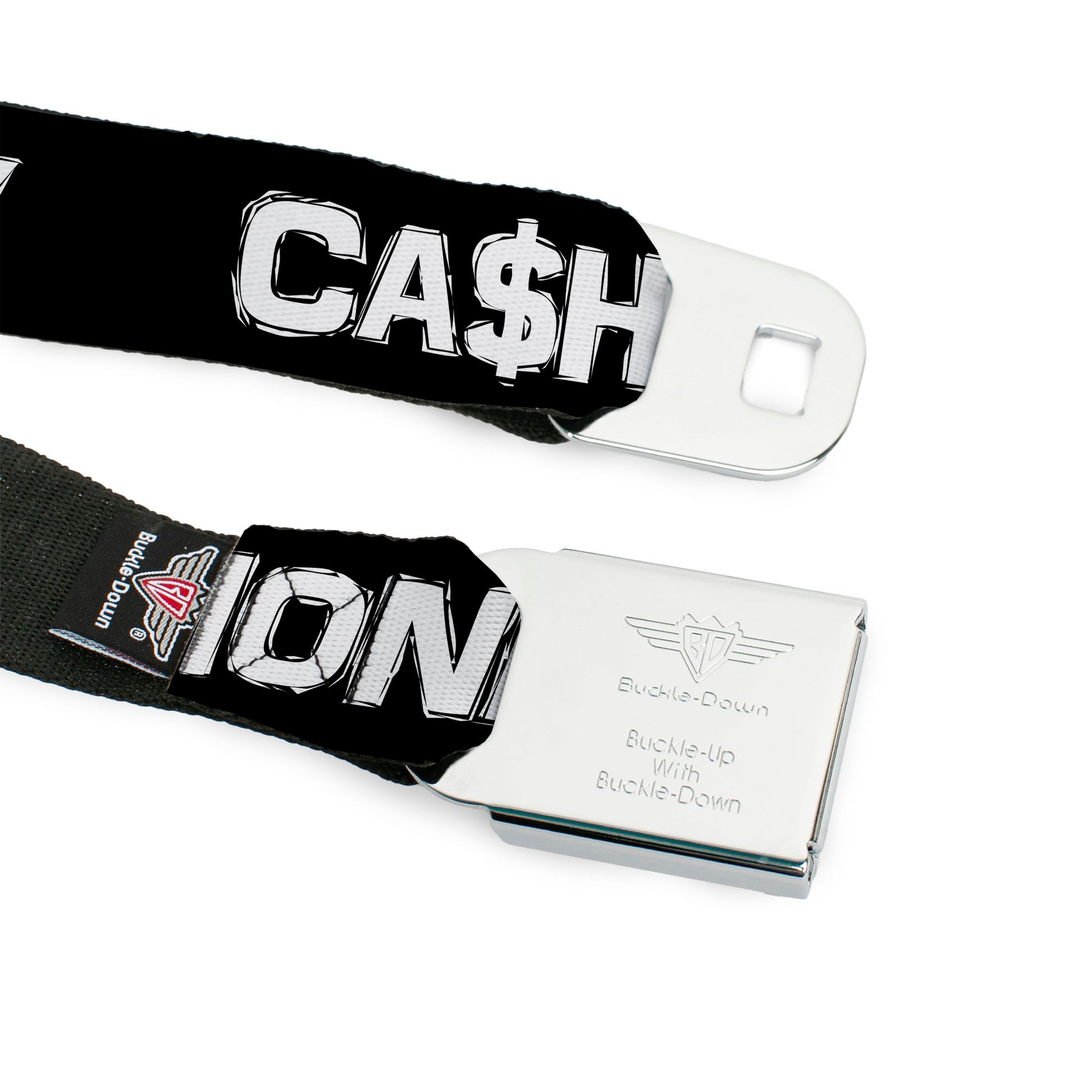BD Wings Logo CLOSE-UP Full Color Black Silver Seatbelt Belt - CA$H MONEY Black/White Webbing Seatbelt Belts Buckle-Down